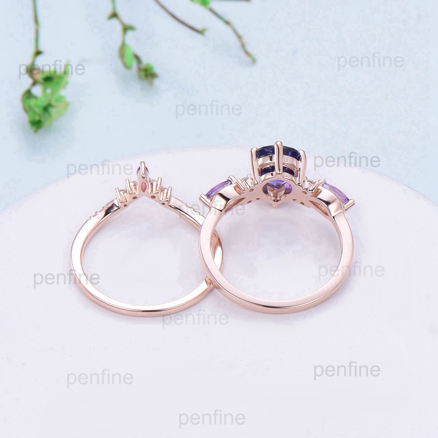 1.25CT Pear Shaped Purple Sapphire Wedding Ring Set - Teardrop Sapphire & Ruby Engagement Ring in Rose Gold - Unique Purple Crystal Bridal Jewelry for Weddings, Anniversaries & Special Occasions