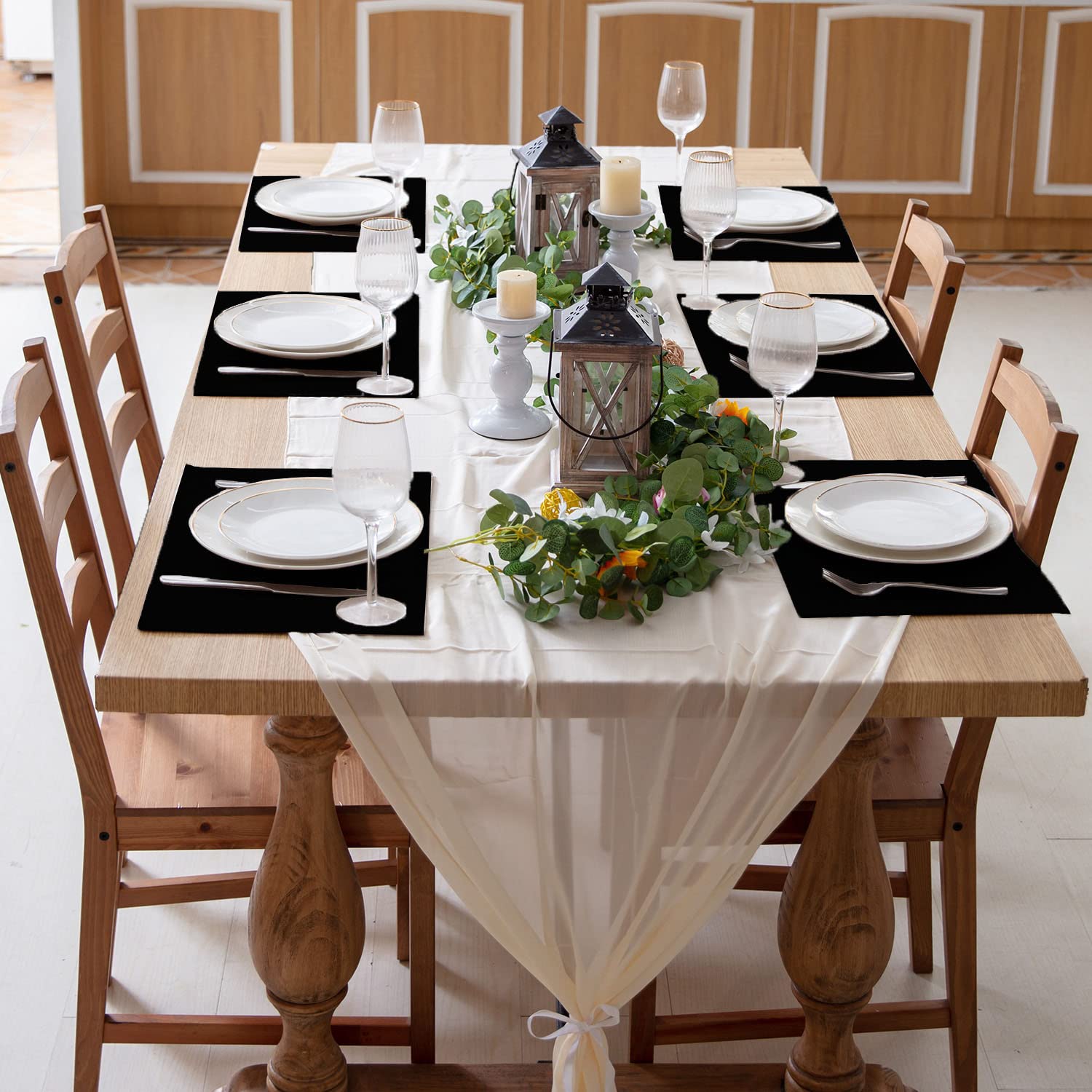 Premium Set of 8 Linen-Like Polyester Placemats - Machine Washable, Heat Resistant & Wrinkle-Free Thick Dining Table Mats for Kitchen & Formal Occasions (Black) - Perfect for Everyday Meals, Dinner Parties & Holiday Gatherings