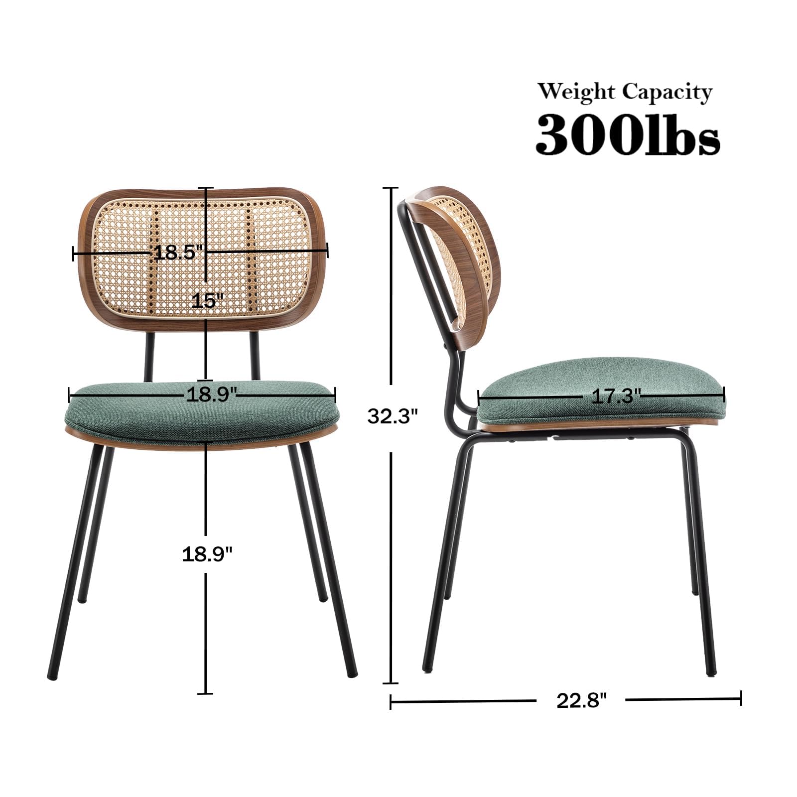 Mid Century Modern Rattan Dining Chairs Set of 2 - Cane Back Kitchen & Dining Room Chairs with Black Metal Legs in Green | Perfect for Boho Home Decor, Farmhouse Dining, and Indoor/Outdoor Entertaining