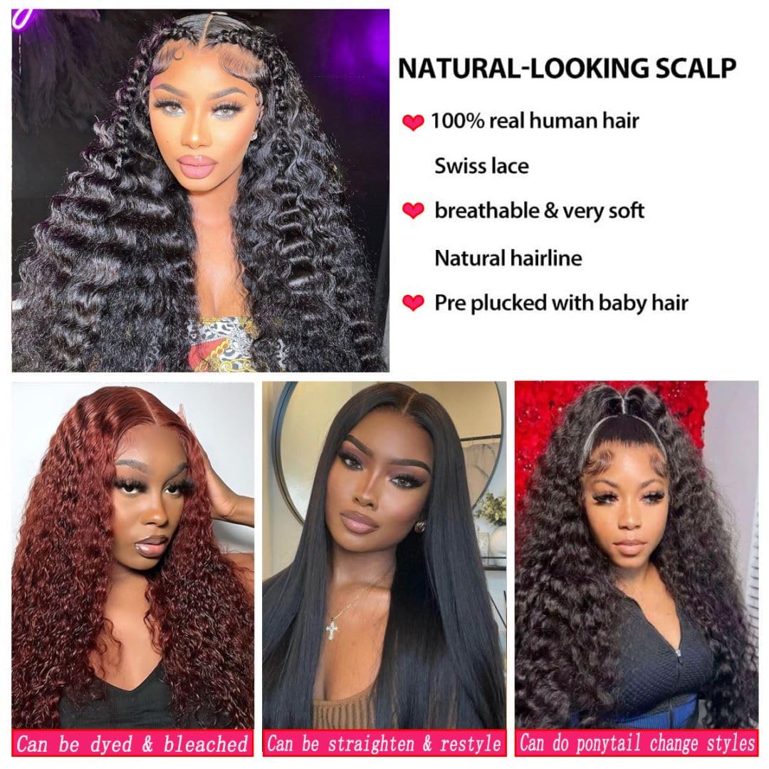 13x4 HD Lace Front Human Hair Wigs - Deep Wave 200% Density Glueless Wig with Pre-Plucked Bleached Knots & Baby Hair | 28 Inch Natural Black Curly Human Hair Wig for Women | Perfect for Daily Wear, Cosplay & Special Occasions