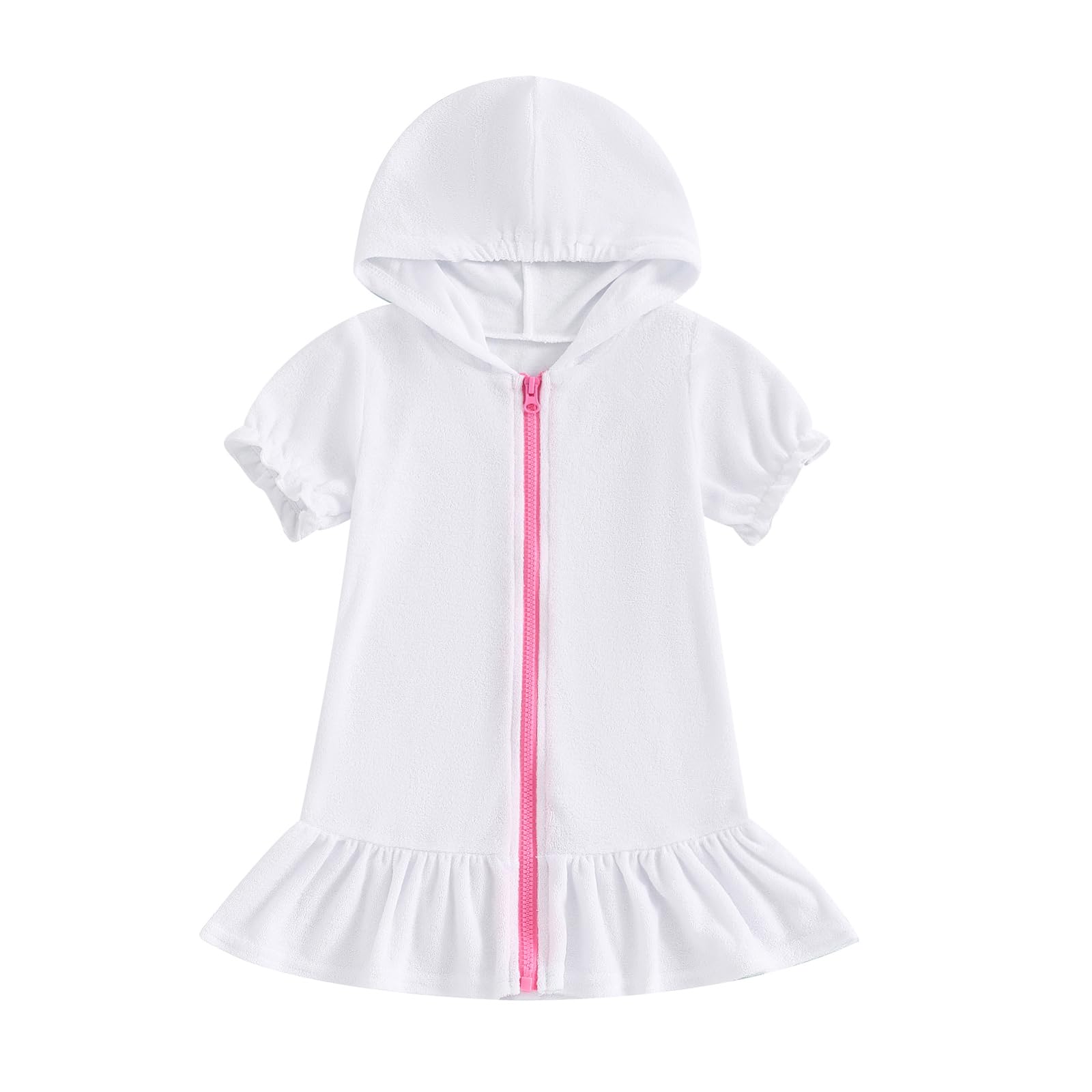 Girls Hooded Terry Cover Up Swimsuit with Zipper - Short Sleeve Ruffle Swim Dress for Beach, Pool & Vacation - Cute Bathing Suit Coverups for Kids Swimwear