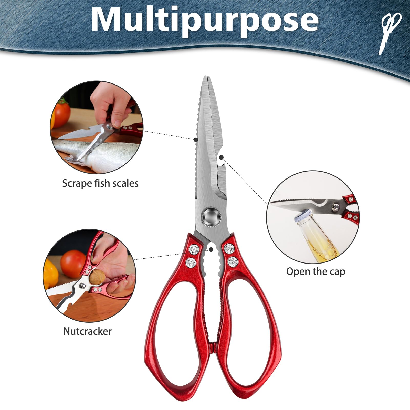 9-Inch Heavy Duty Kitchen Shears for Cutting Chicken, Meat & Food - Multipurpose Stainless Steel Cooking Scissors (Red) - Perfect for Meal Prep, Poultry Trimming & Herb Cutting