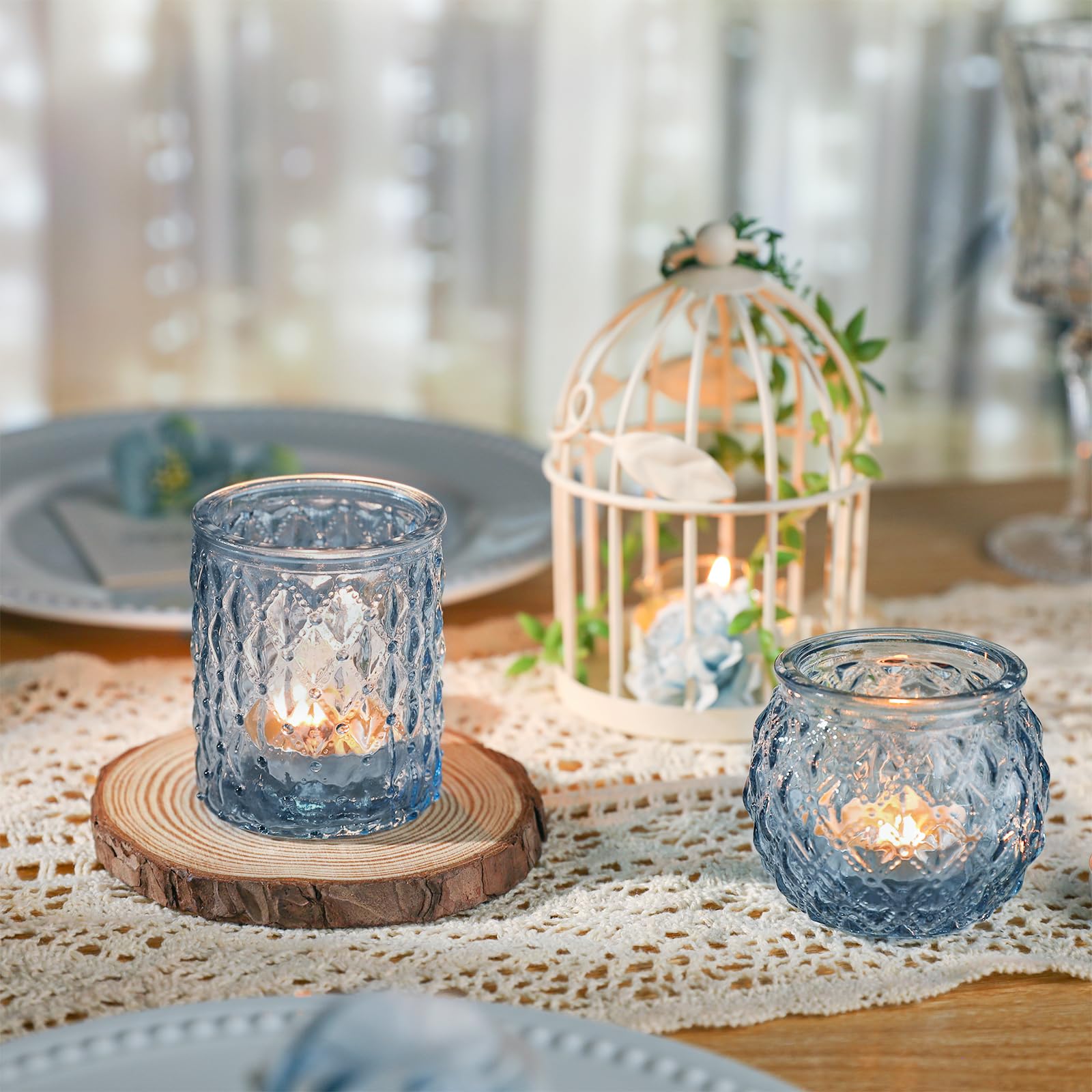 Blue Glass Votive Candle Holders Set of 24 - Bulk Round Tea Light Holders for Wedding, Home Decor, Party & Gifts | Perfect for Centerpieces, Table Settings & Romantic Ambiance
