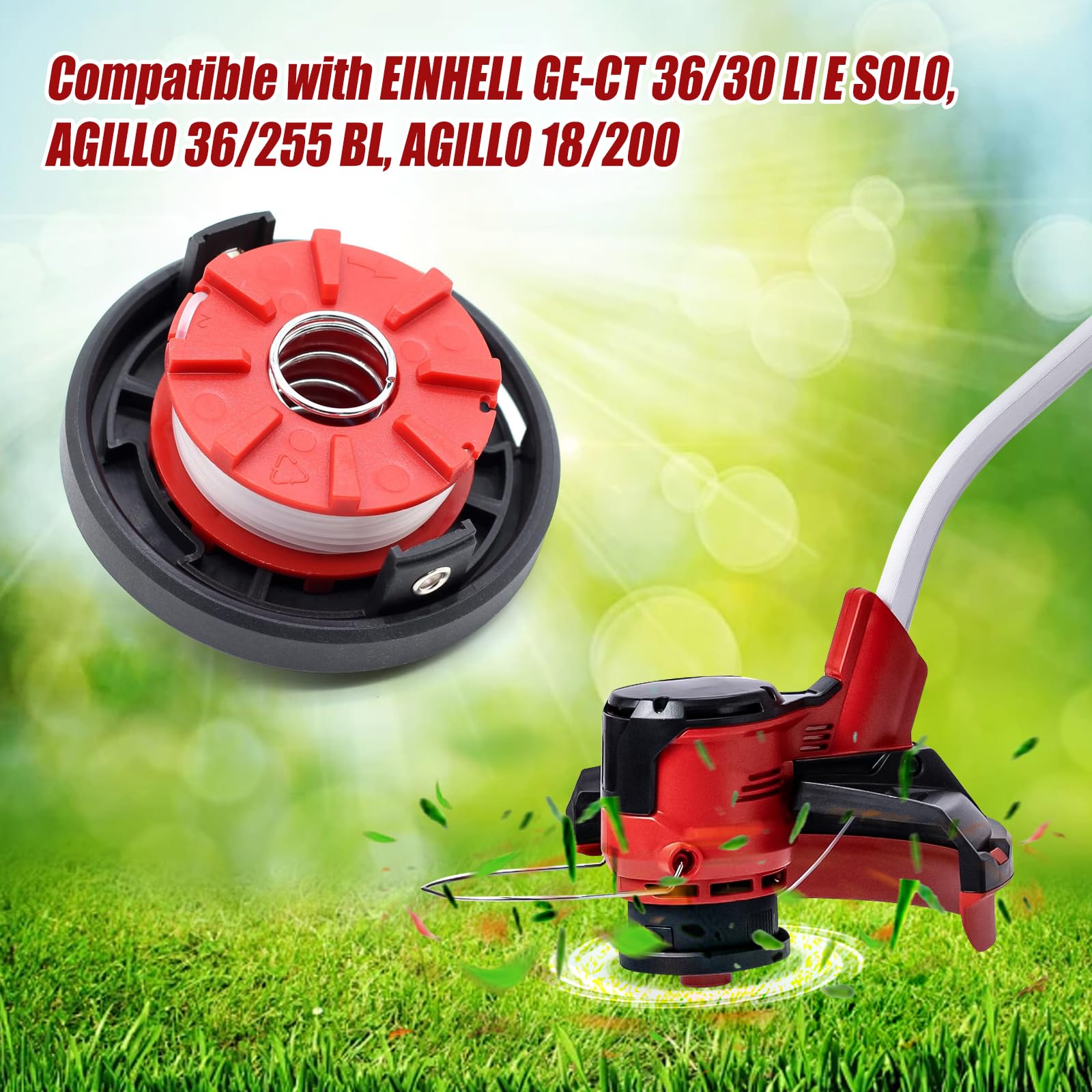 EIN HELL Replacement Trimmer Line Spools for GE-CT 36/30 Li E Solo, Agillo 36/255 BL, Agillo 18/200 - 2mm Diameter, 8m Long Cutting String with Cover Spring (6 Spools + 1 Cap + 1 Spring) - Perfect for Lawn Maintenance & Garden Trimming