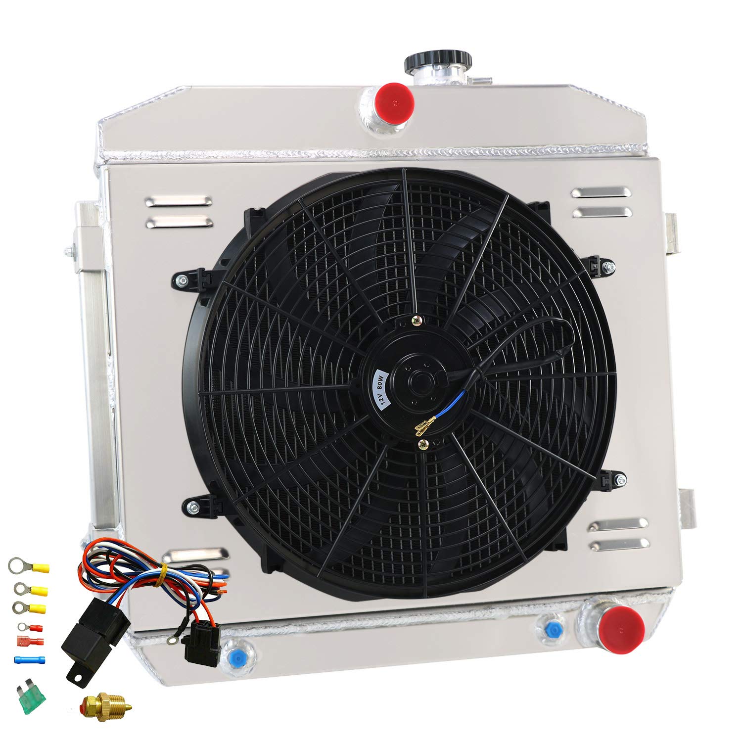 AlloyWorks 3-Row Aluminum Radiator with Shroud Fan & Relay Kit for 1955-1957 Chevy Bel Air, Nomad, One-Fifty, Two-Ten Series 4.3L/4.6L V8 - High Performance Cooling Upgrade for Classic Car Restoration & Hot Rod Builds