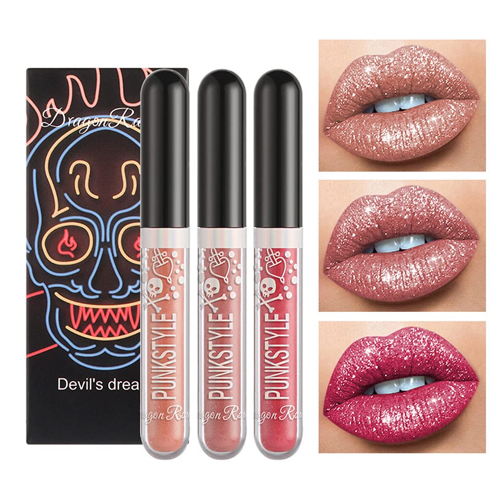 IKASEFU Halloween Makeup Set - 3 Color Glitter Liquid Lipstick, Non-Stick Lip Gloss Kit, Waterproof & Long Lasting Lip Makeup for Women | Perfect for Parties, Masquerade Balls, Cosplay & Halloween Costume Events