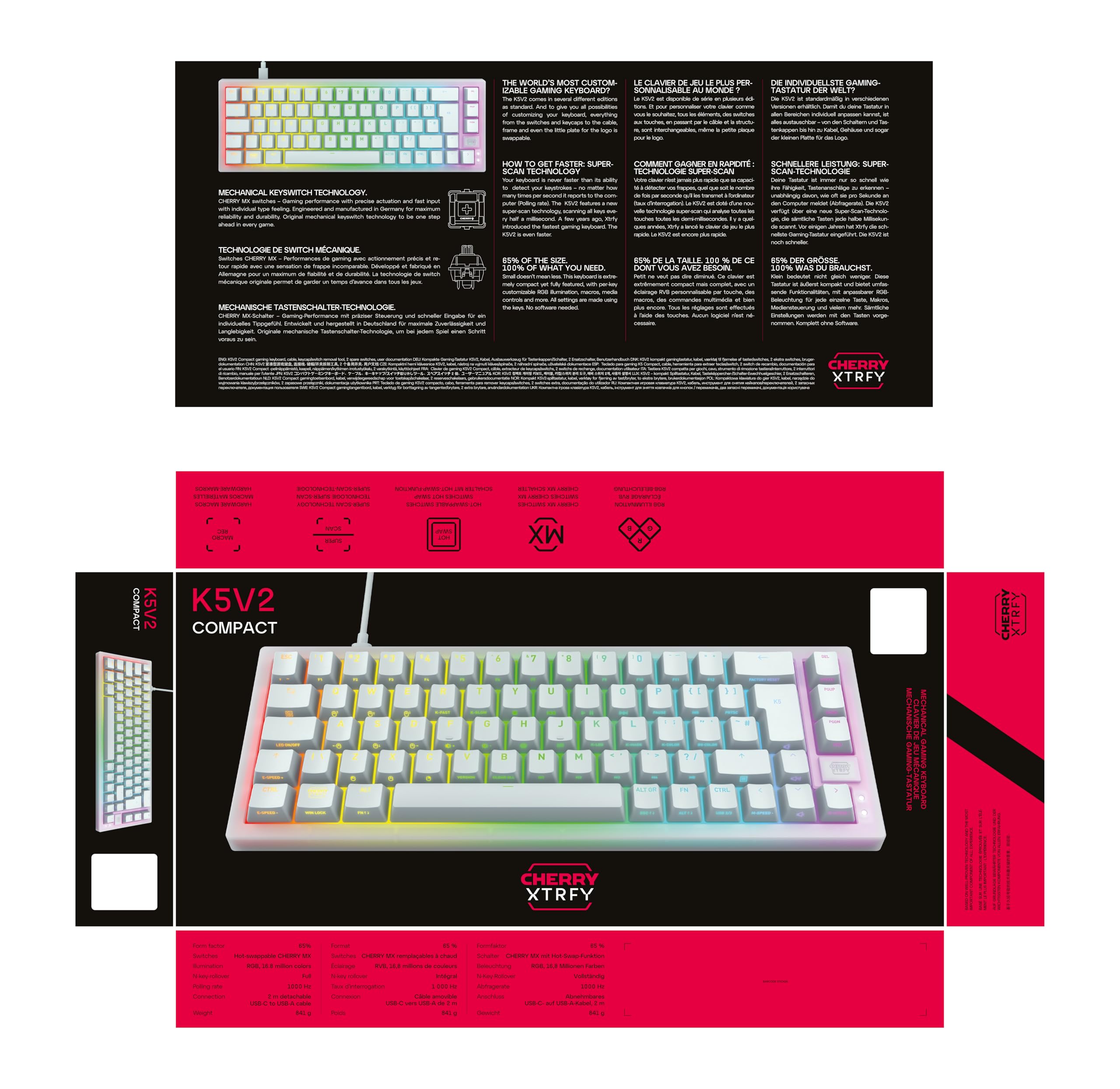 XTRFY K5V2 Compact 65% Mechanical Gaming Keyboard - UK Layout (QWERTY), Hot-Swap, Cherry MX2A Red Switches, Black - Perfect for Esports, FPS Gaming & Office Work