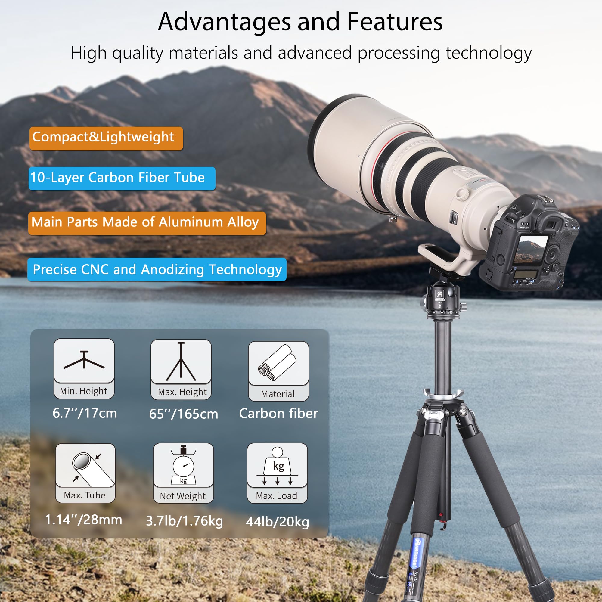 ARTCISE NS75C Professional Carbon Fiber Camera Tripod - 36mm Low Profile Ball Head, Special-Shaped Center Column, 10-Layer Carbon Fiber Legs, 28mm Tube Diameter, 44lbs/20kg Max Load - Perfect for Travel, Landscape & Studio Photography