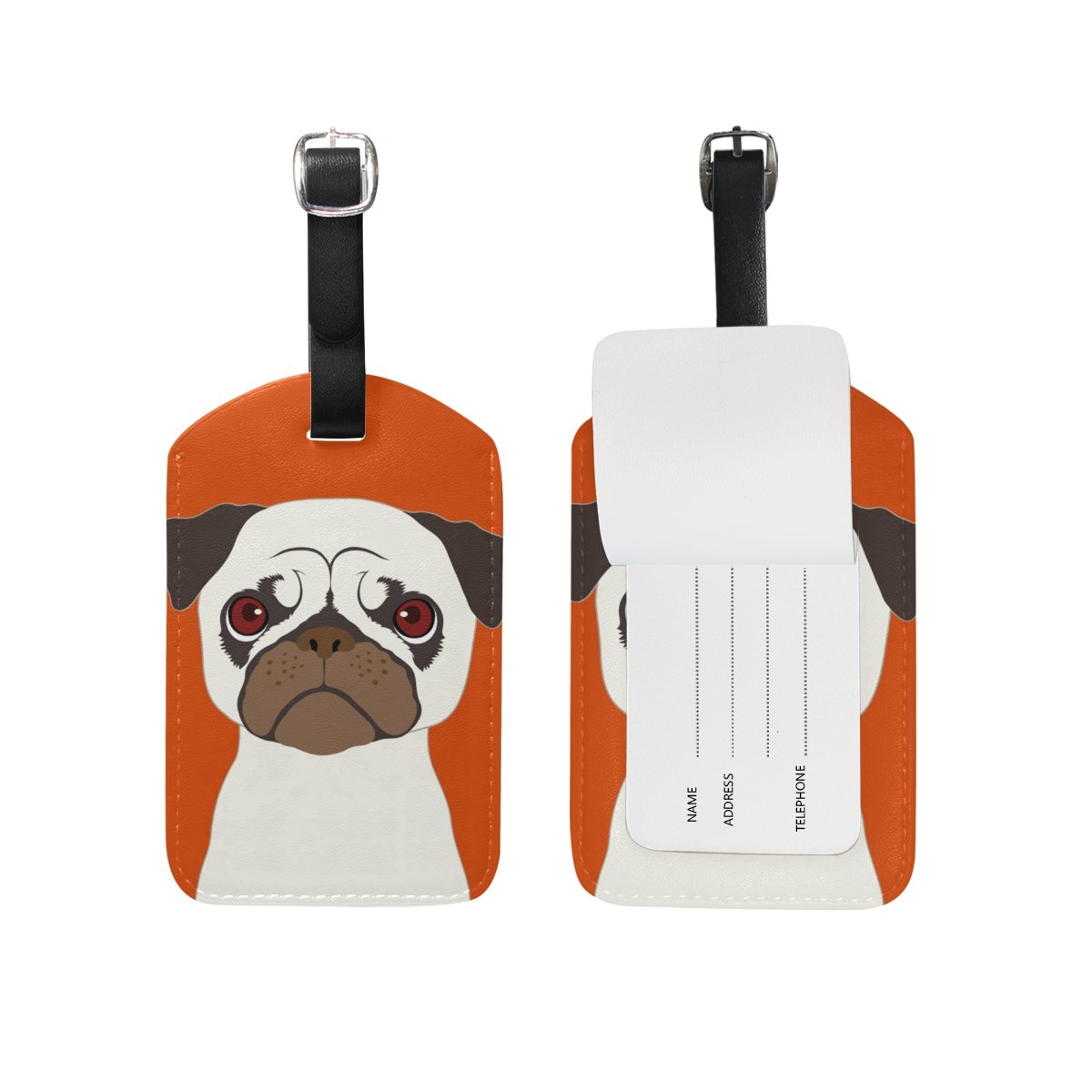 Pug Dog Luggage Tag - PU Leather Suitcase ID Tag for Travel, Personalized Pet Baggage Label (1 Piece) - Perfect for Airports, Cruise Ships & Backpacking Trips
