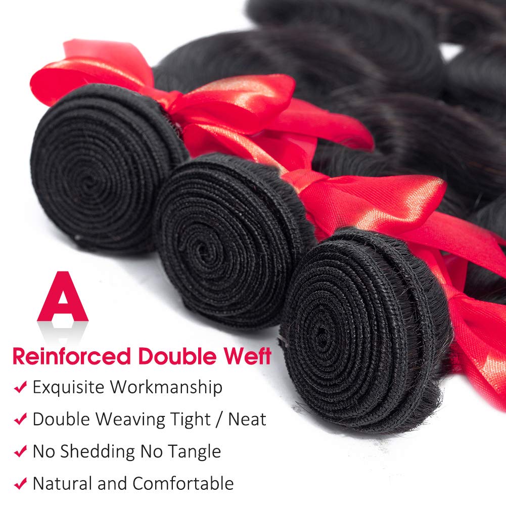 9A Brazilian Human Hair Body Wave Weft - 3 Bundles 100% Unprocessed Virgin Remy Hair Extensions - Black Color (18