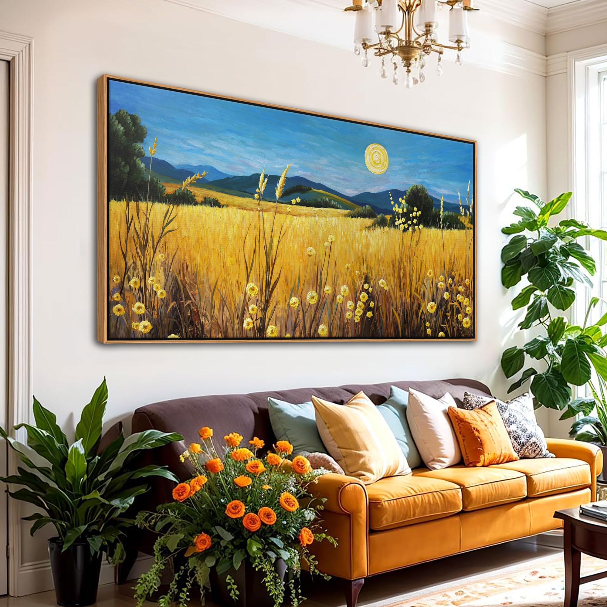 Large Yellow Moon Framed Canvas Wall Art - 29x58 Inch Nature Landscape Painting for Living Room, Bedroom, Office & Dining Room Decor | Fall-Themed Home & Commercial Wall Decor