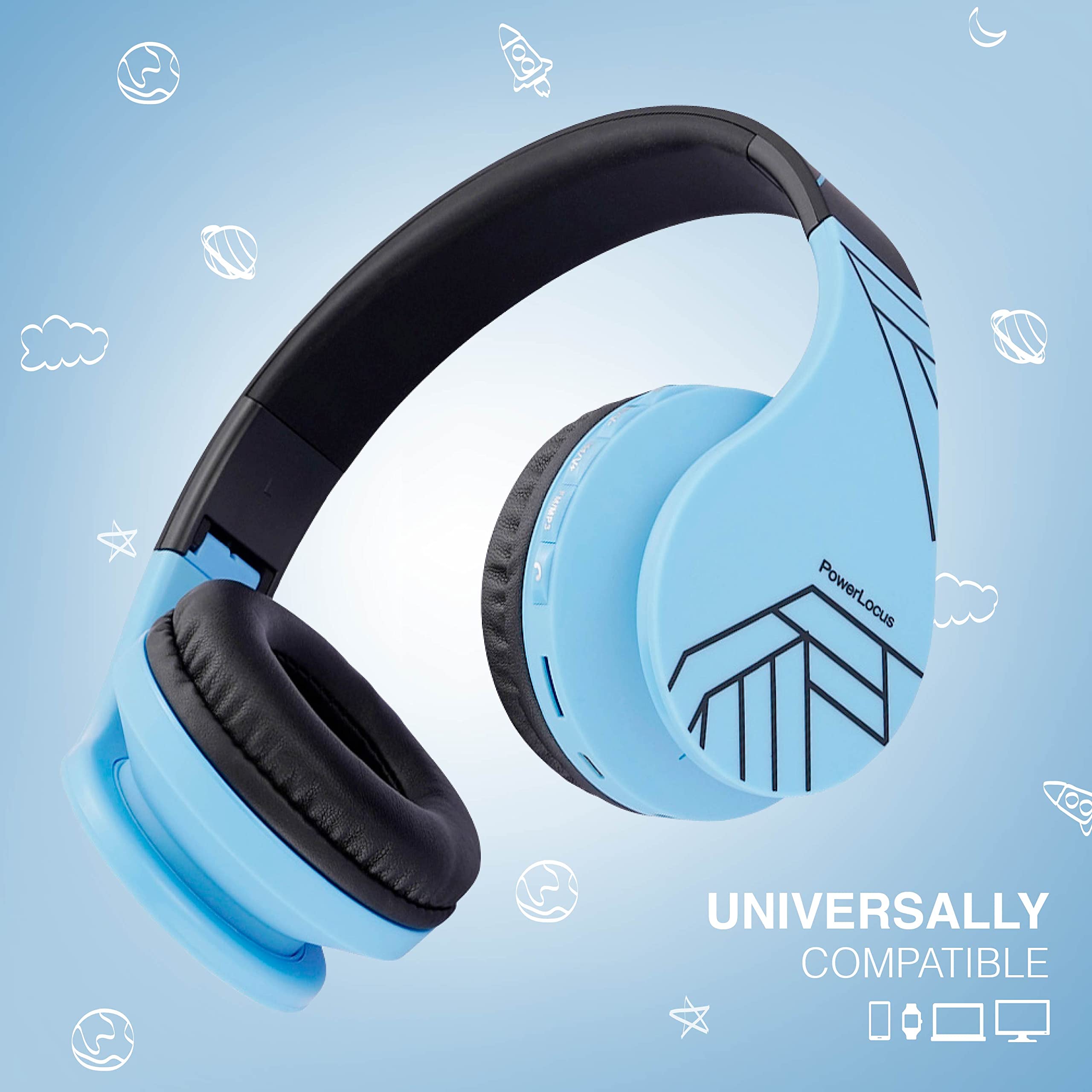 PowerLocus Bluetooth Headphones for Kids - Wireless Foldable Over-Ear Headphones with Microphone, 85DB Volume Limiting, SD Card & FM Radio - Compatible with iPhone, Android, Tablets, PC - Perfect for School, Travel, and Online Learning