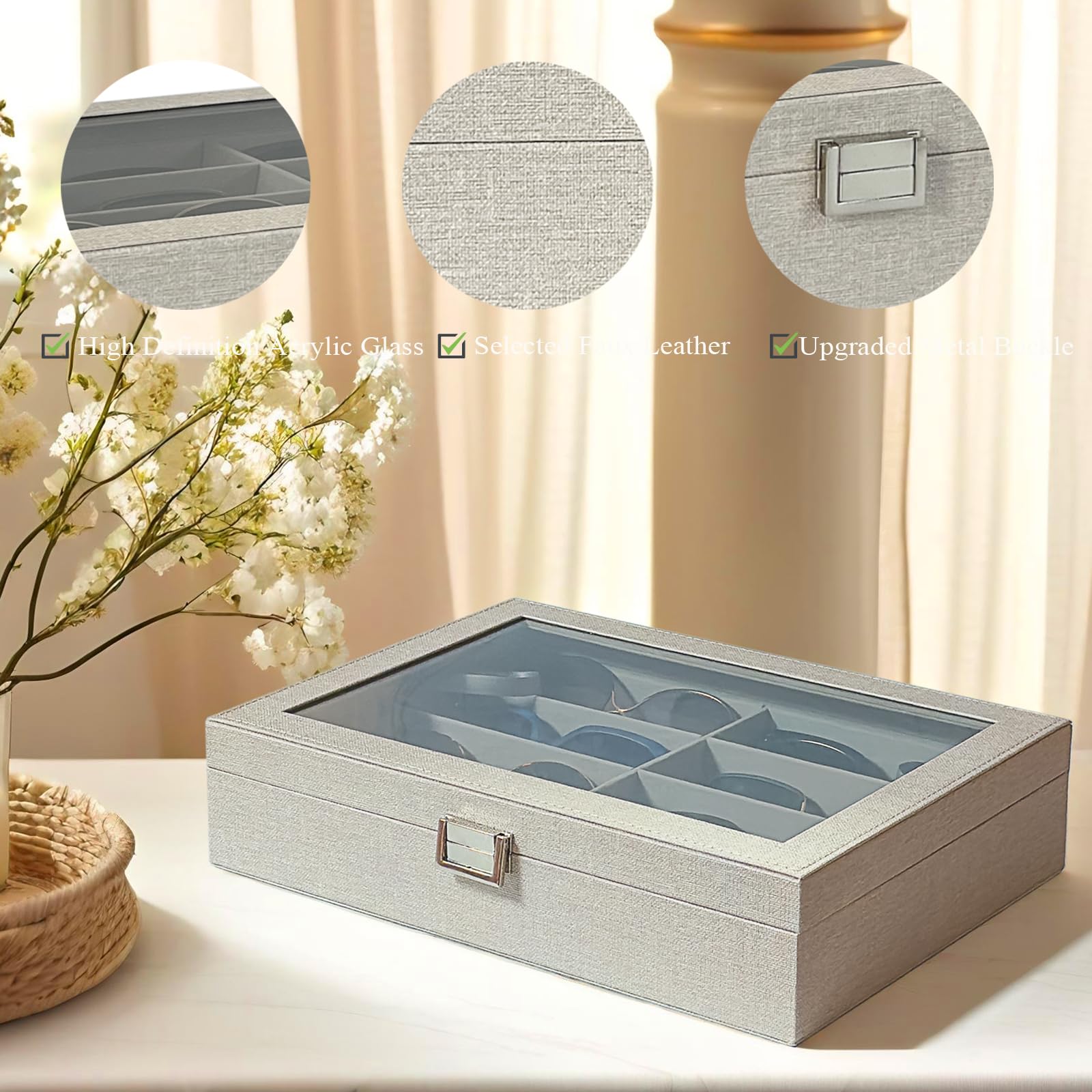 8-Slot Sunglasses Case Organizer - Eyeglass Display Holder & Collector - Multi Sunglasses Storage Case with Beige Faux Leather Liner - Perfect for Travel, Home & Office Organization