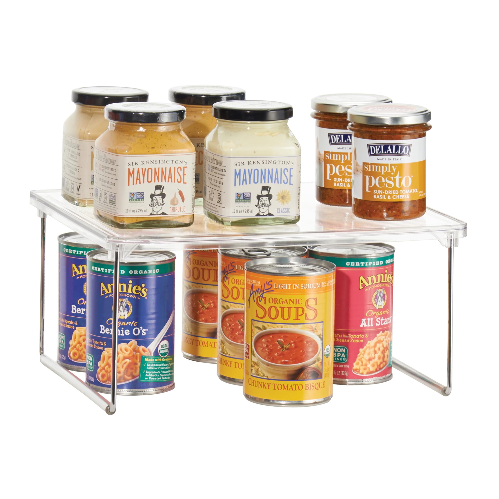 iDesign Stackable Kitchen Shelf - Plastic & Metal Cabinet Organizer for Dishes, Food, or Spices - Transparent & Silver - Perfect for Pantry, Countertop, and Small Space Storage