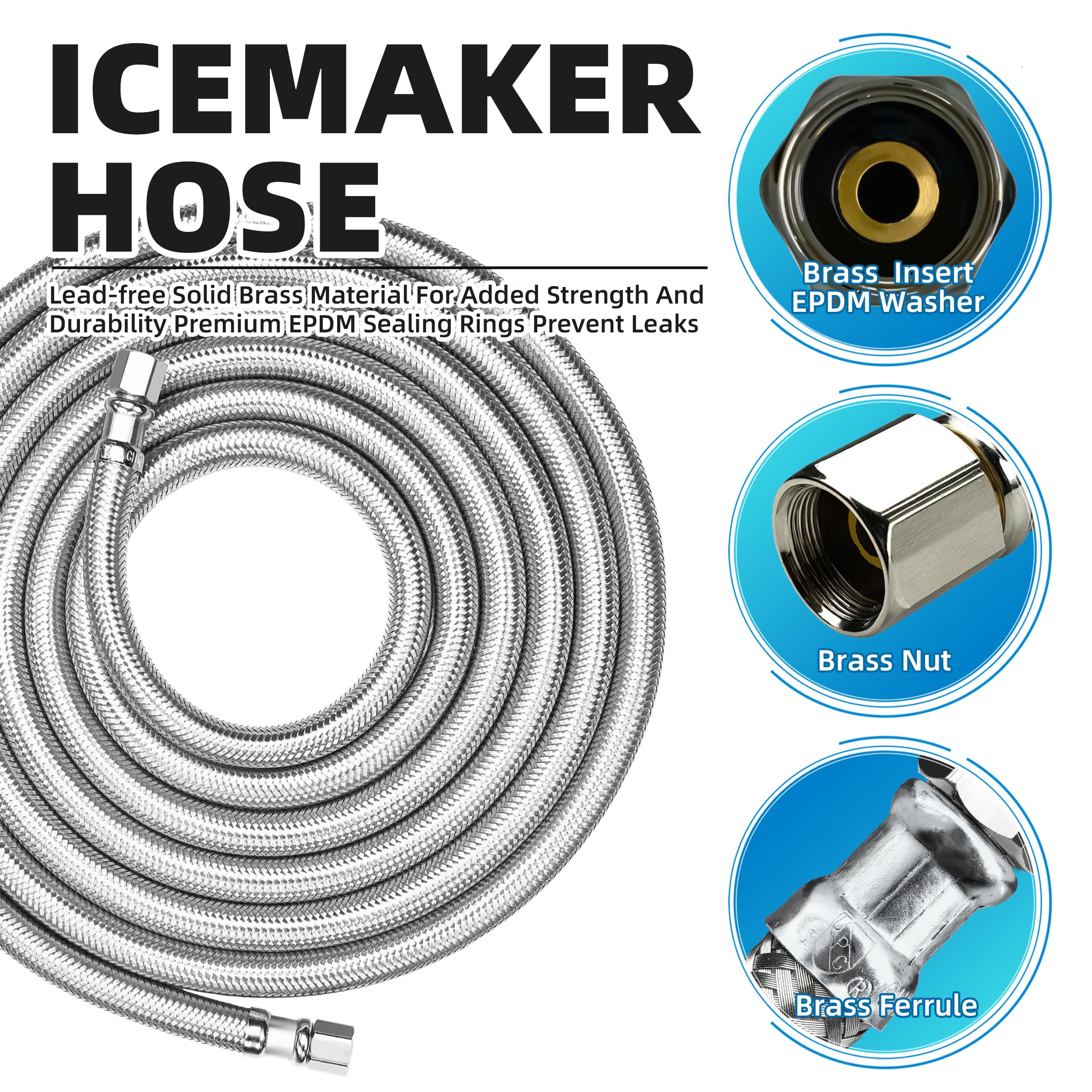TTFLEX 25FT Braided Stainless Steel 304 Fridge Water Line with PVC Core - 1/4
