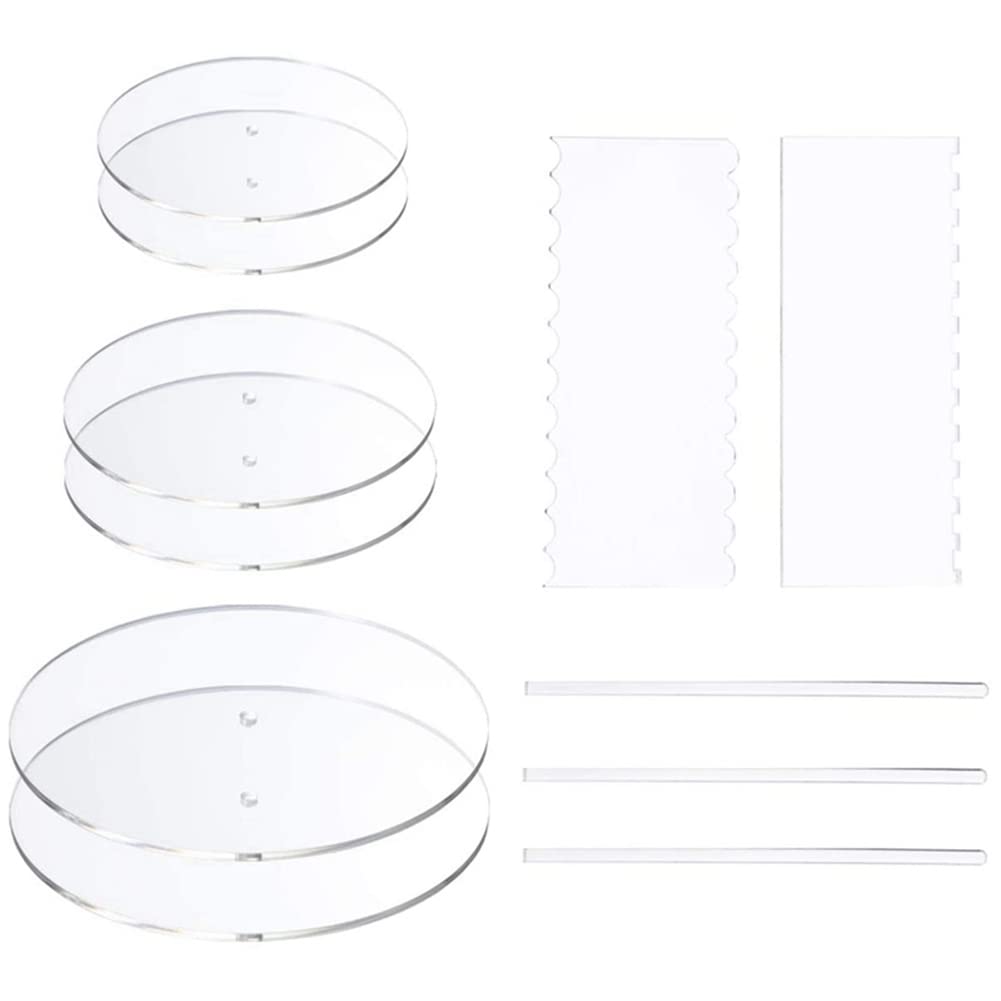 YHJIC Acrylic Round Cake Disk Set - 6 Inch Cake Base Boards with Center Hole for Layered Cakes - Includes 2 Comb Scrapers (4 Patterns) & Dowel Rod - Perfect for Cake Decorating, Baking, and Pastry Making