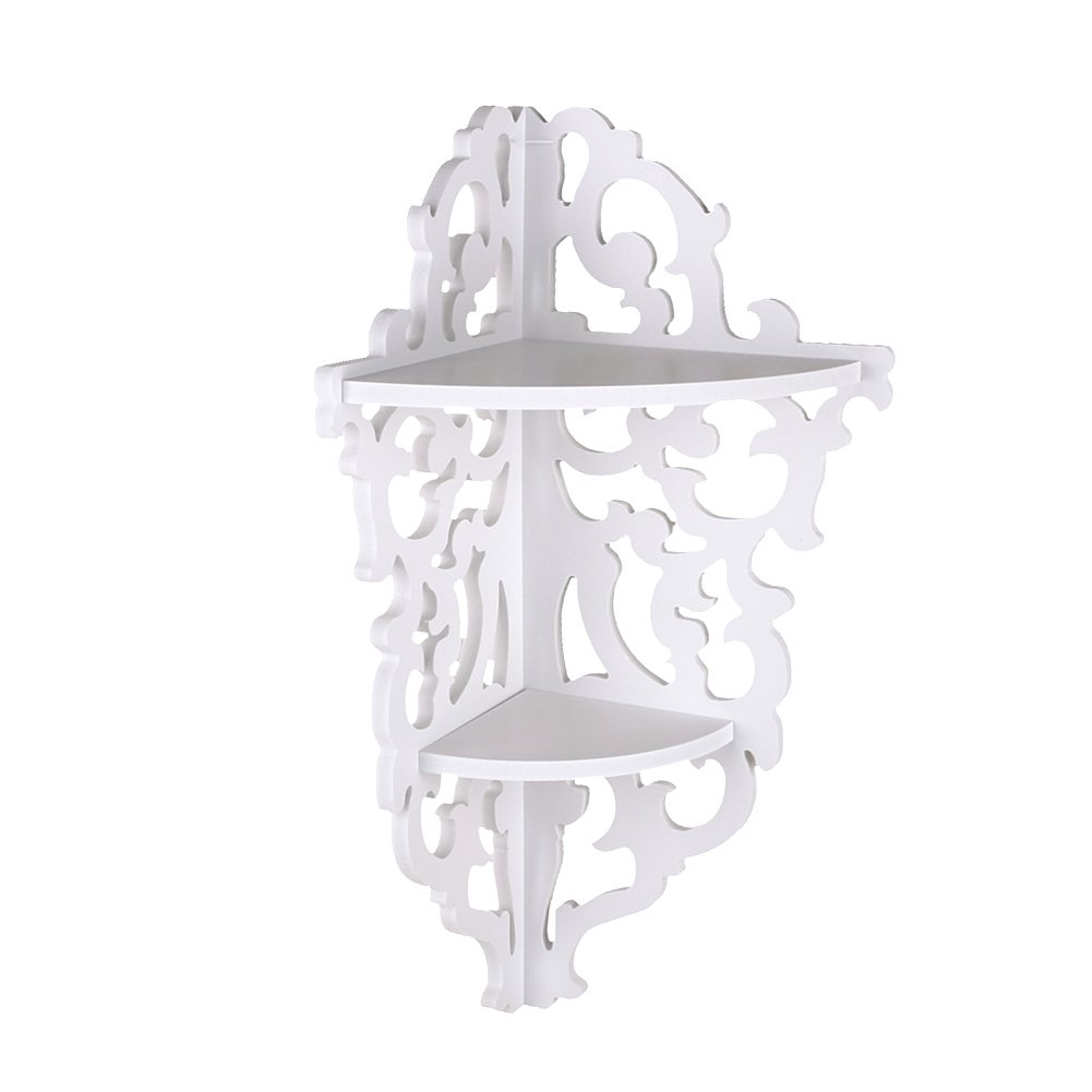 Gojiny 2-Tier Wall Mounted Floating Shelves - Carved Corner Bookcase & Display Shelf for Bedroom Decor, Cosmetic Storage, White - Perfect for Organizing Books, Plants & Home Decor
