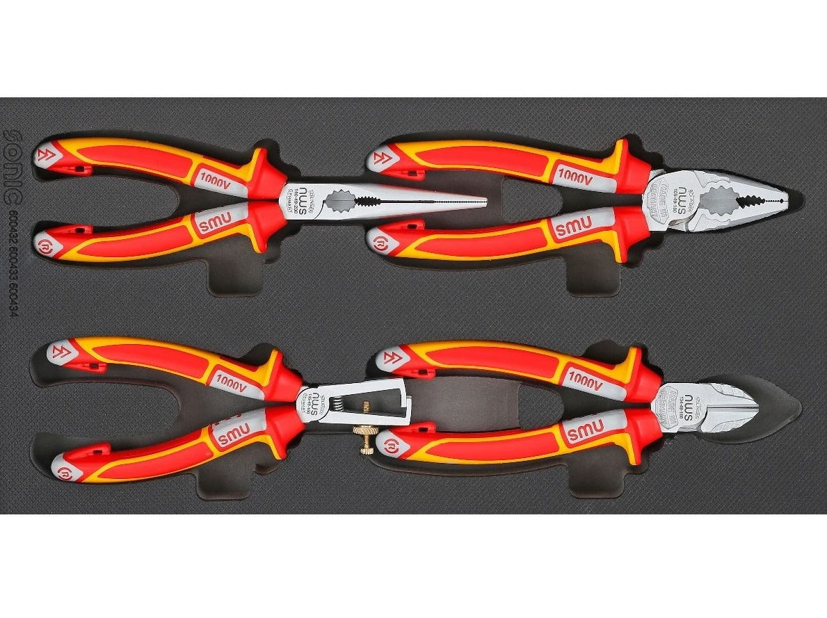 Professional VDE Plier Set with Sonic Foam System - 4 Piece Small (1/3) for Electricians & DIY Home Electrical Work - Perfect for Wire Cutting, Crimping, and Electrical Repairs