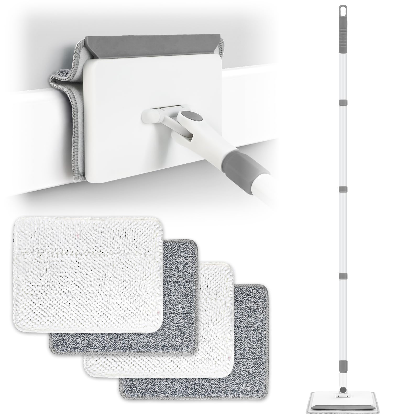 Deluxe Extendable Baseboard Cleaner with Long Handle - 4 Reusable Cleaning Pads for Walls, Ceilings, Floors - Perfect for Bathroom, Kitchen & Shower Cleaning - Multi-Surface Cleaning Tool for Home & Office