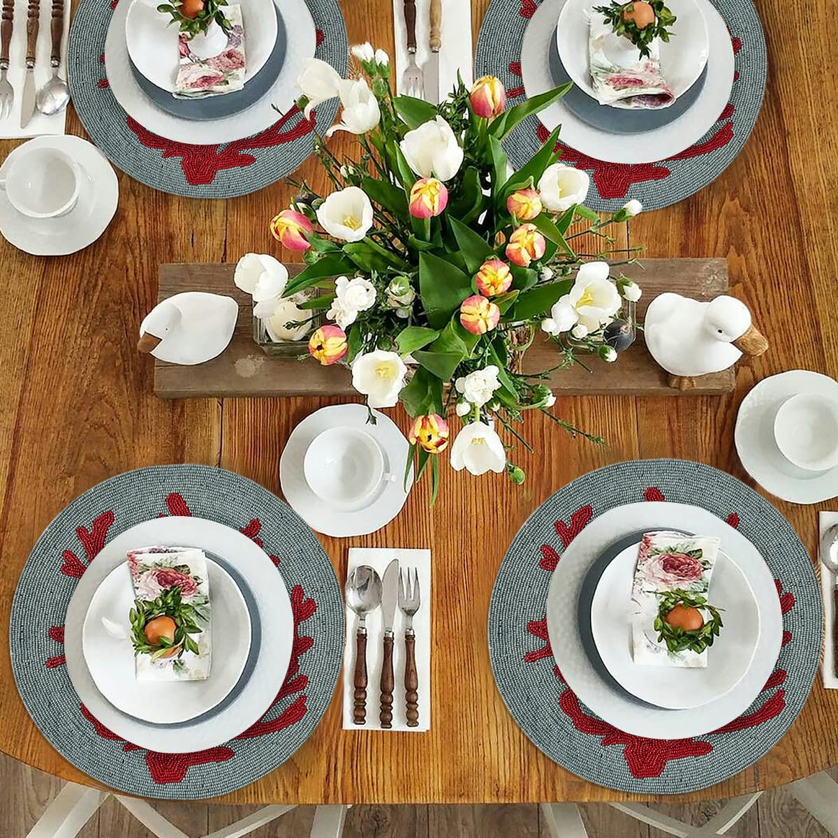 Decozen Round Beaded Placemats Set of 8 - 14 Inch Heat Resistant Charger Plates for Farmhouse Kitchen, Wedding & Valentine's Day Decor - Blue Teal Coral Home Decor | Perfect for Dinner Parties, Holiday Gatherings & Spring Table Settings