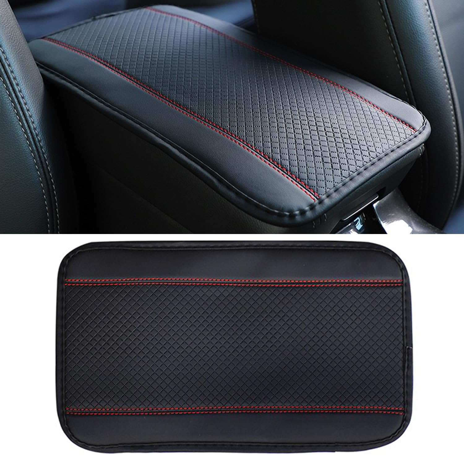 Premium PU Leather Car Center Console Cover - Universal Waterproof Armrest Box Protector for Cars, Trucks & SUVs | Interior Accessories | Black-Red Design | Perfect for Road Trips & Daily Commute