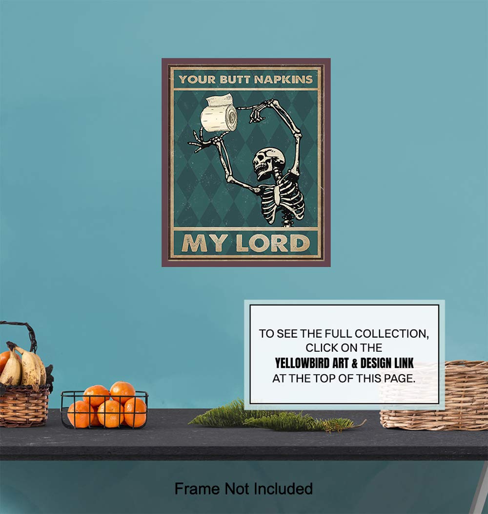 Funny Gothic Skeleton Bathroom Wall Art - 'Your Butt Napkins My Lord' Humorous Toilet Paper Decor - Unique Powder Room Sign & Restroom Wall Decoration - Perfect for Halloween, Gothic Homes & Funny Bathroom Themes
