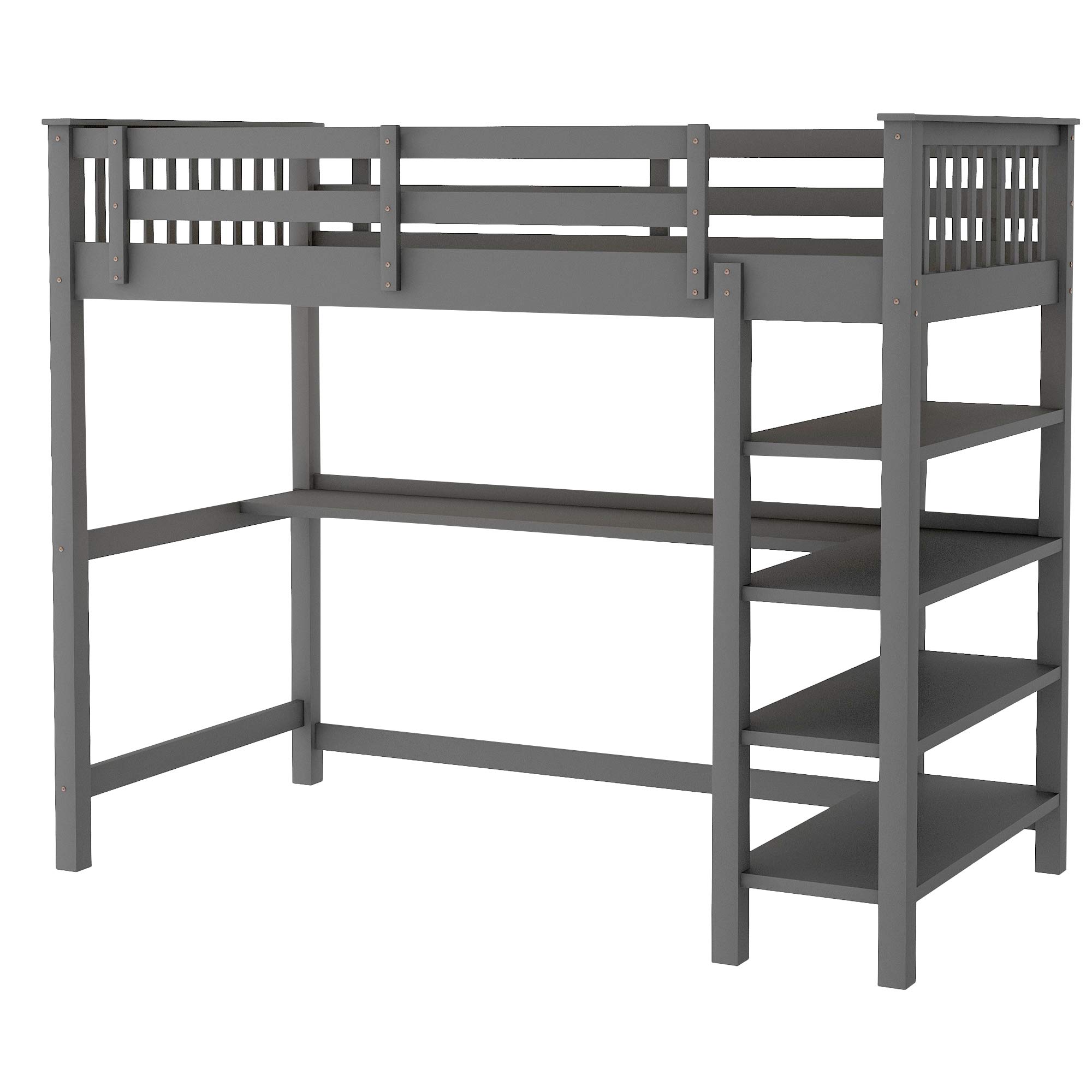 Harper & Bright Designs Twin Loft Bed with Desk, Storage Shelves, Ladder & Guard Rail - Sturdy Wood Frame for Kids, Teens & Adults (Grey) - Perfect for Small Bedrooms, Dorms & Home Offices