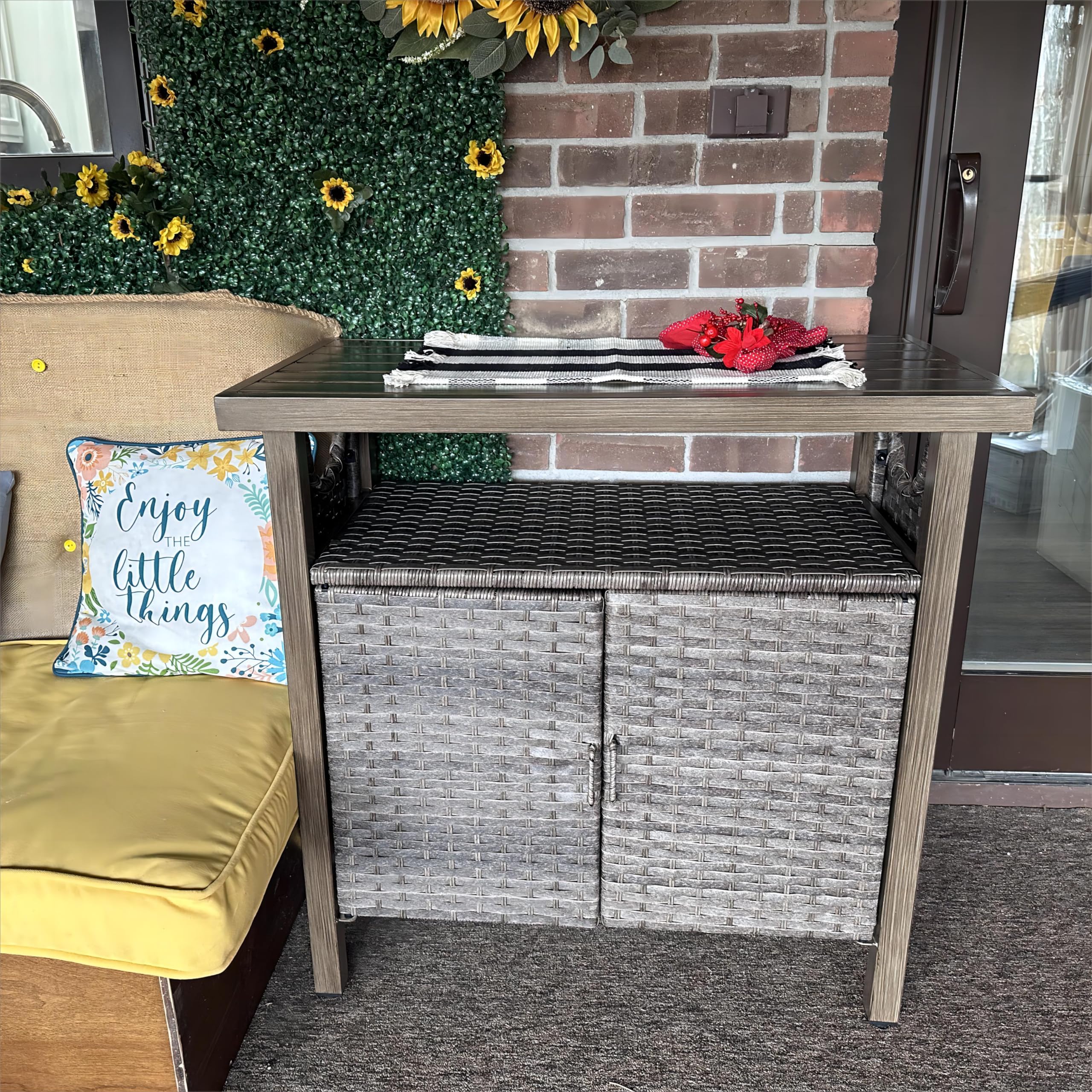 YITAHOME Outdoor Storage Cabinet with Two Doors and Shelves - Weatherproof Wicker Patio Bar Table for Cushions, Pool Tools & Garden Supplies - Brown - Perfect for Backyard, Patio, and Poolside Organization