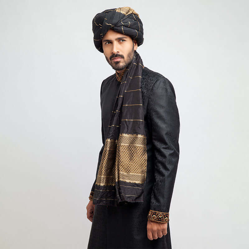 Luxury Jet Black Pure Jamavar Silk Sherwani for Men - Handcrafted Indian Wedding Attire - Perfect for Grooms, Gala Events & Cultural Celebrations