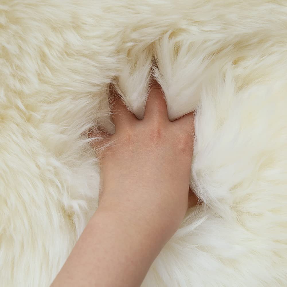 Premium Genuine White Sheepskin Rug - Large Fluffy Quad Sheepskin Throw for Living Room, Bedroom, Nursery & Home Decor - Soft Cozy Floor Mat for Relaxation & Comfort