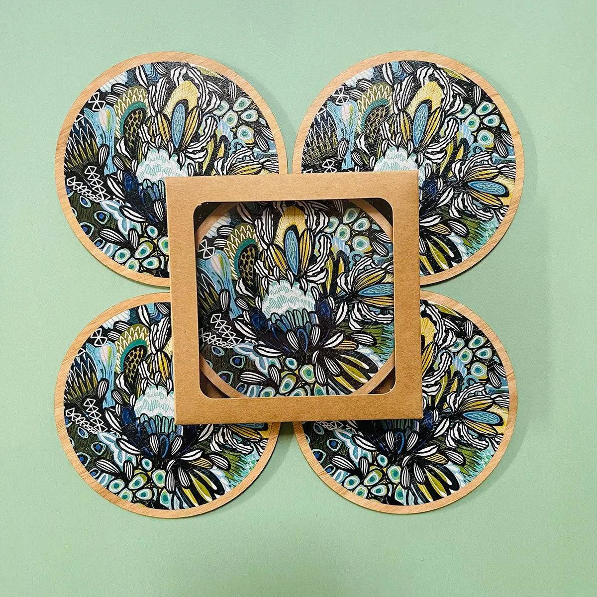 Premium Australian Wooden Coaster Set with Napkins - Handmade Proteas Design for Home, Office & Party Use