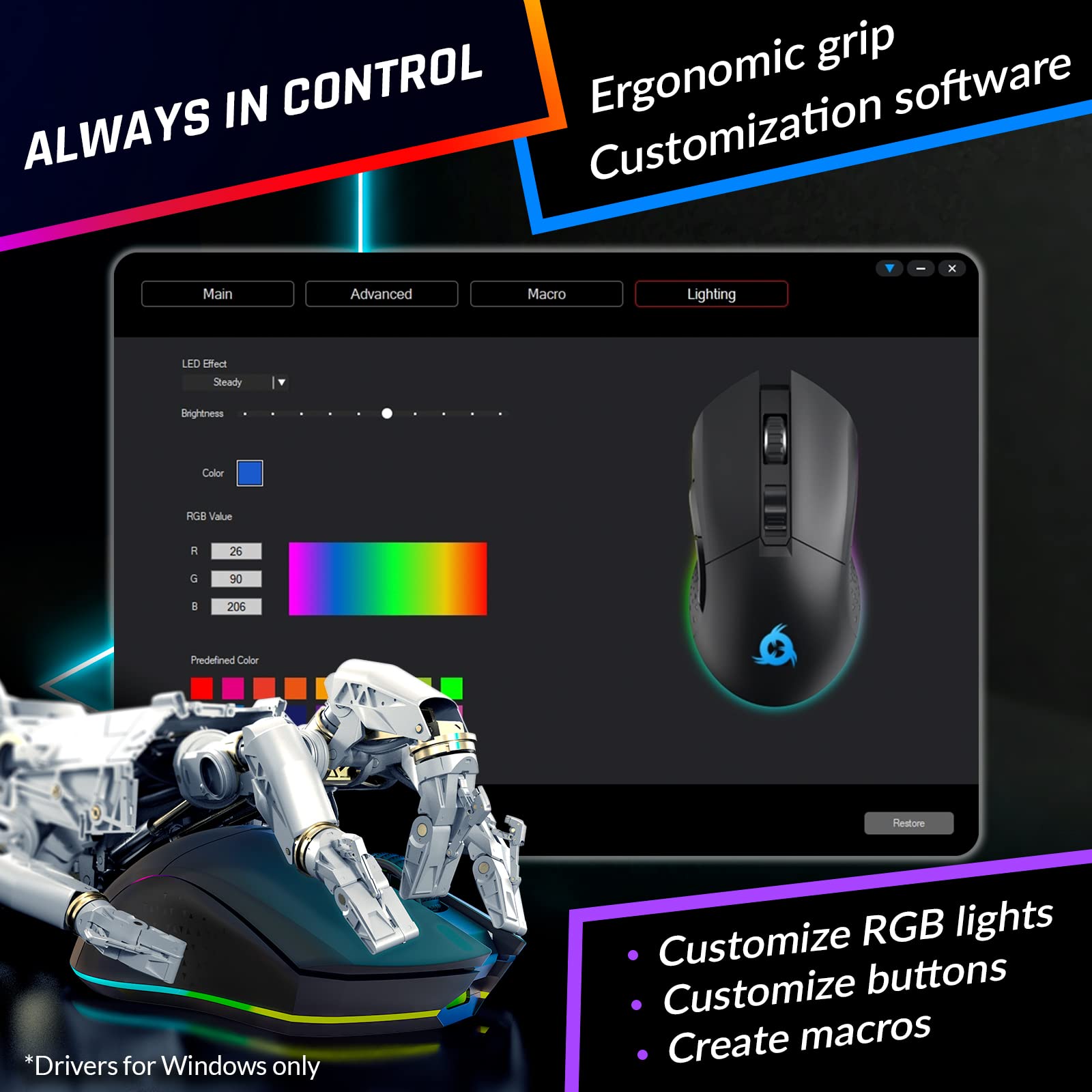 KLIM Blaze Rechargeable Wireless Gaming Mouse with RGB Lighting - 6000 DPI Optical Sensor, 7 Programmable Buttons - Long Battery Life for PC, Mac, PS4 & PS5 - Perfect for FPS, MMO Gaming and Office Work