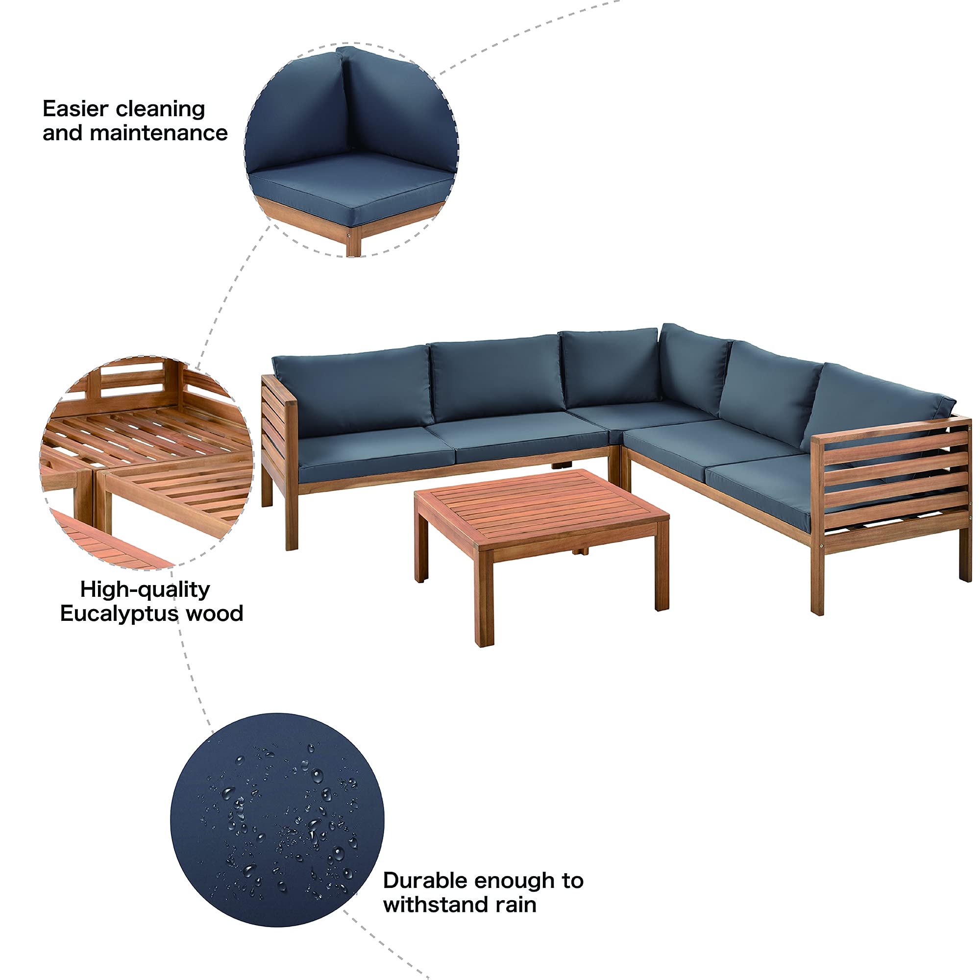 Quarte 4-Piece Outdoor Patio Furniture Set - Wooden L-Shaped Sectional Sofa with Waterproof Cushions & Coffee Table - Perfect for Garden, Backyard, Poolside & Conversation Areas