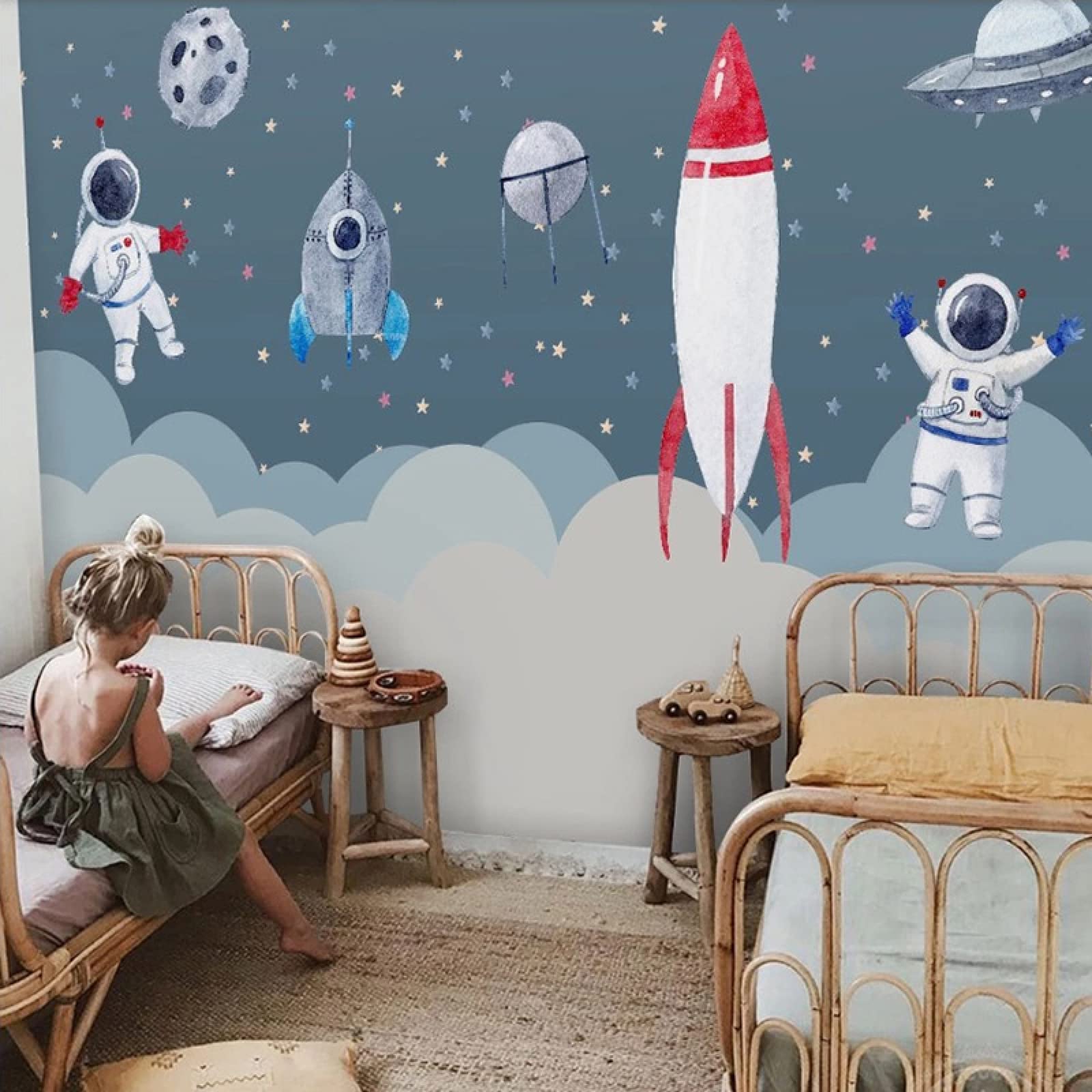Custom Cartoon Space Rocket 3D Wallpaper for Kids Room - Waterproof Mural Painting for Boys & Girls Bedroom, Living Room, Dining Room Decor | Perfect for Nursery, Playroom & Home Themed Decorations