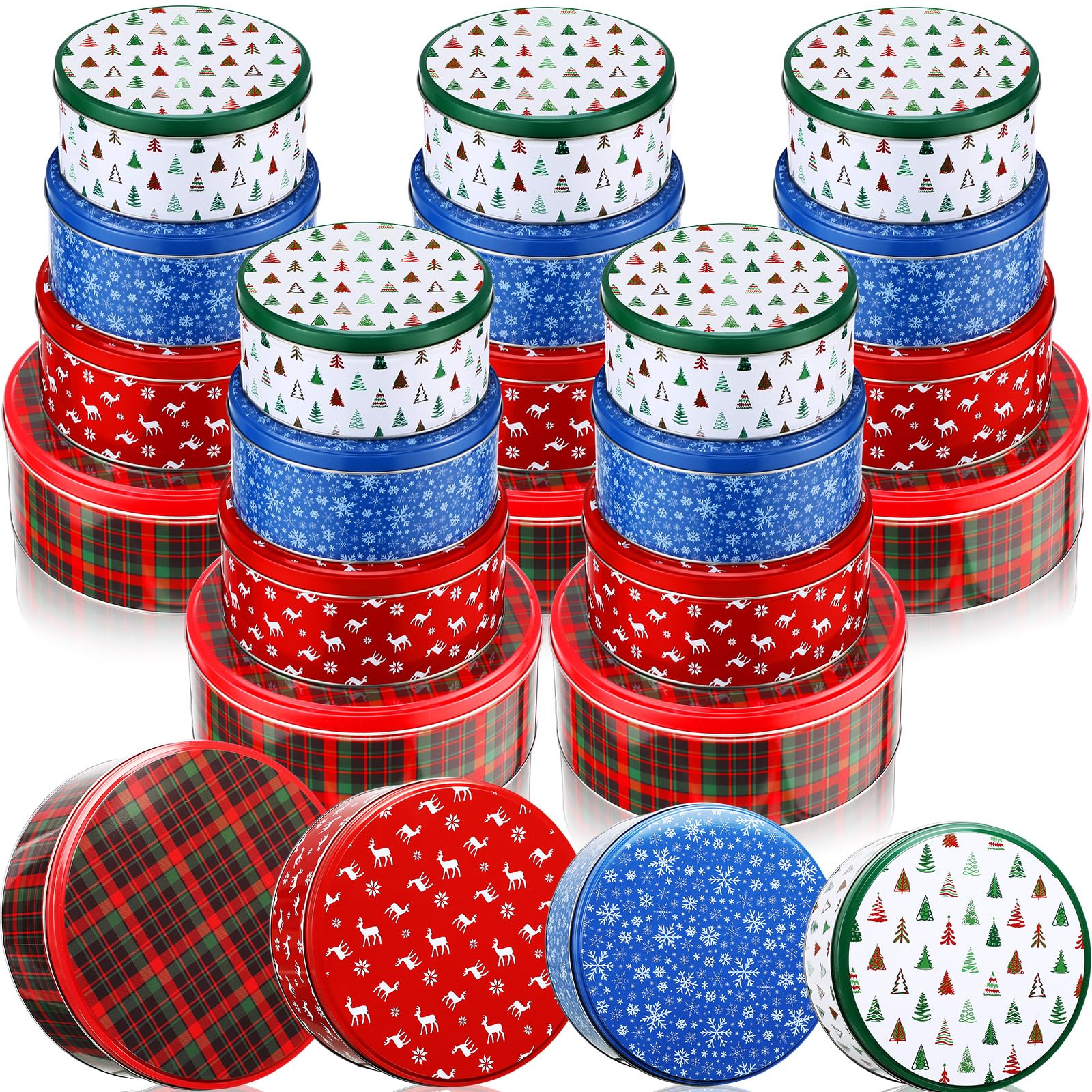 24 Pack Christmas Cookie Tins with Lids - Round Baking & Cake Containers for Holiday Treats | Festive Snowflake, Tree, Plaid & Reindeer Designs | Perfect for Gift Giving, Cookie Exchange & Christmas Party Favors