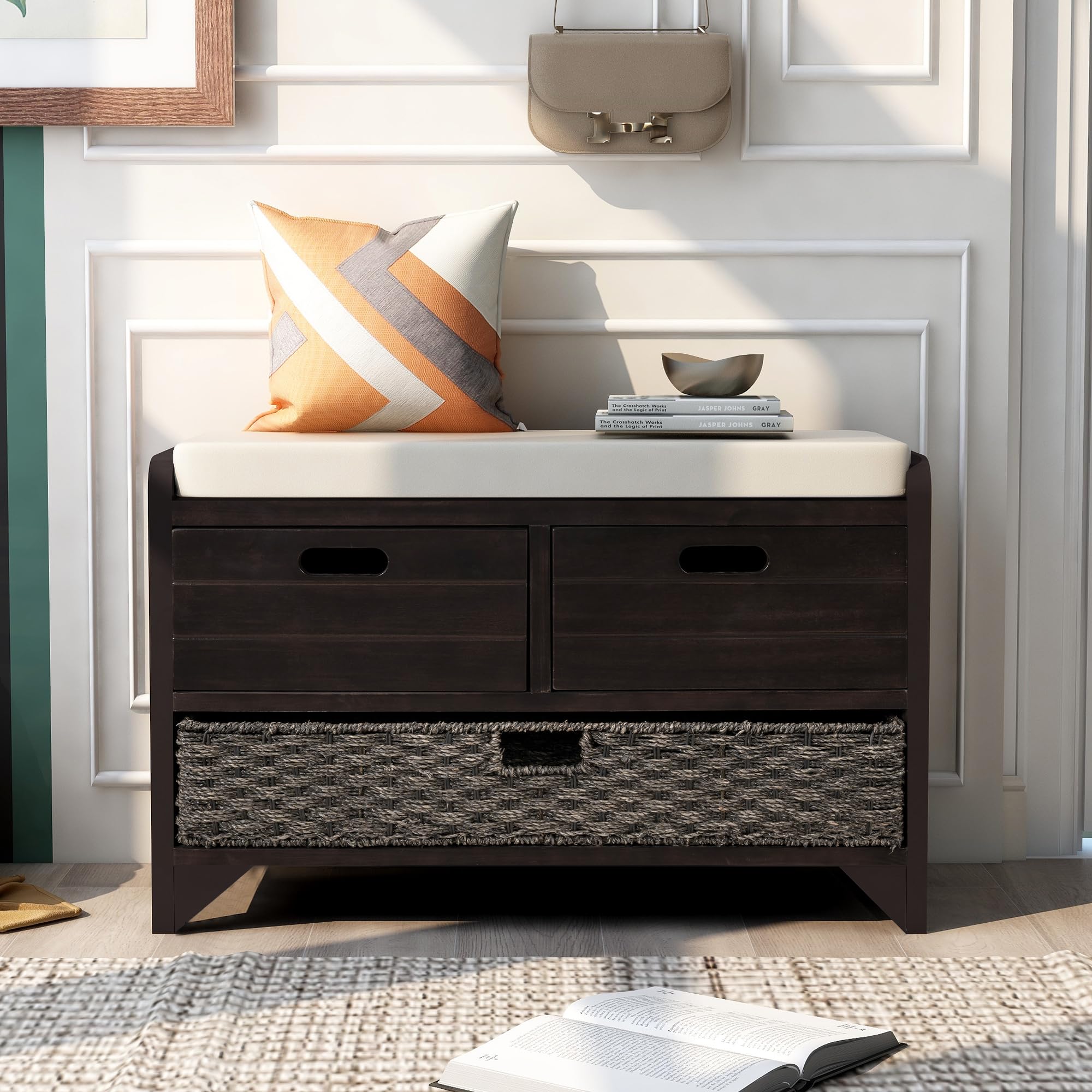 SOFTSEA Upholstered Storage Bench Ottoman with Removable Basket & 2 Drawers - Farmhouse Shoe Bench with Seat Cushion - Fully Assembled Espresso - Perfect for Entryway, Living Room & Bedroom Organization