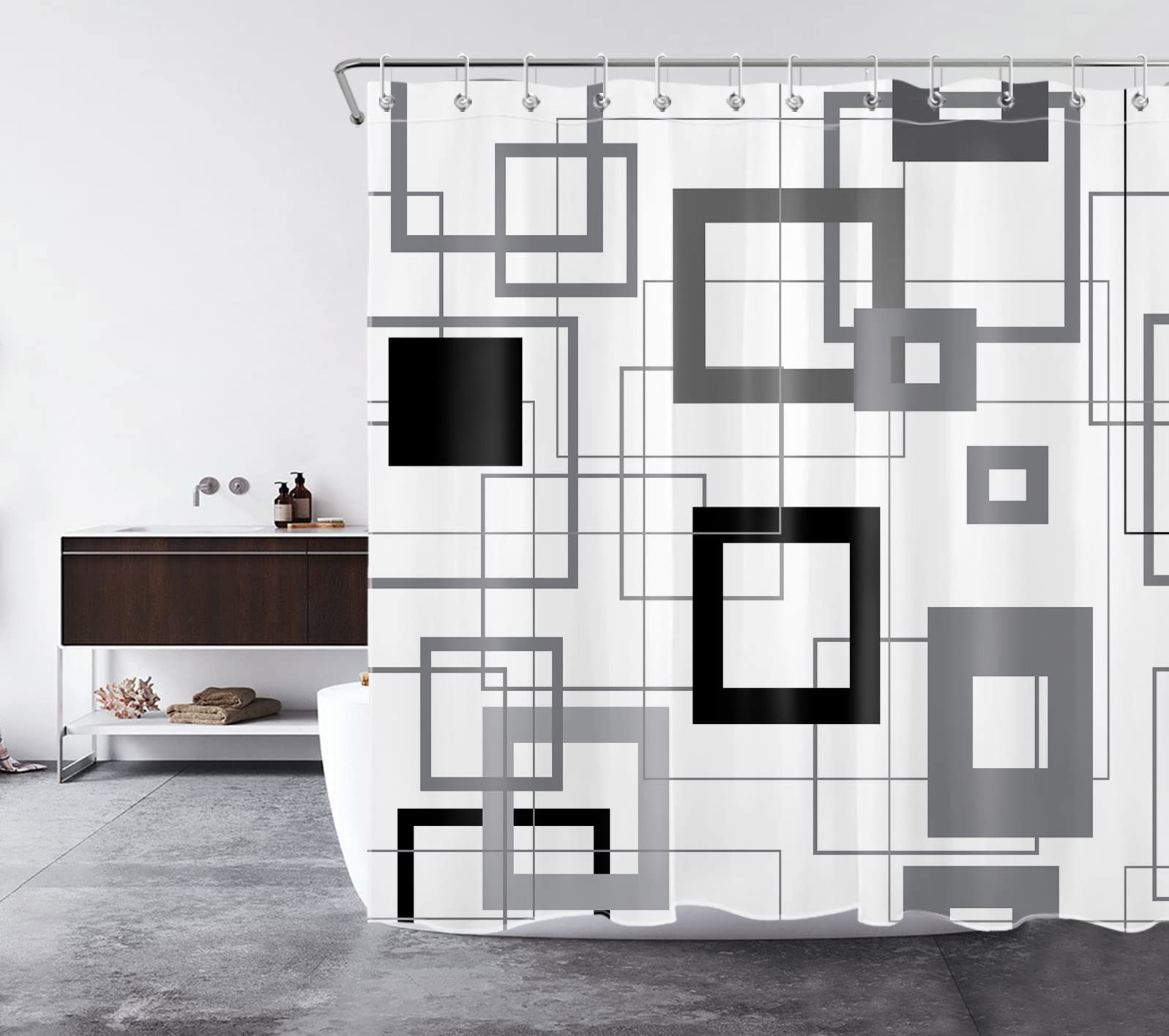 Modern Geometric Black & Grey Minimalist Shower Curtain - Waterproof Fabric Bathroom Decor with Hooks, 69x70 Inches - Perfect for Contemporary Bathrooms & Spa-Like Showers