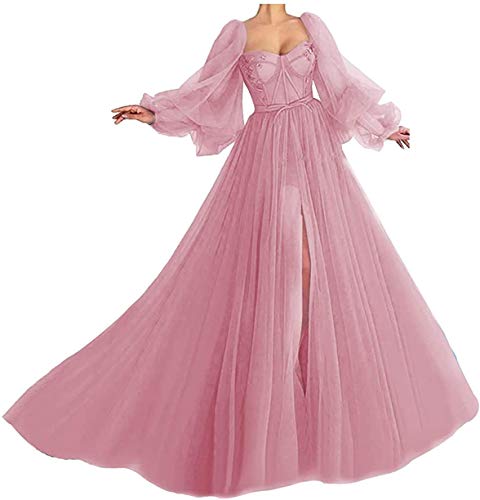 Elegant Long Puffy Sleeve Prom Dress Ball Gown for Women - Sweetheart Neckline Tulle Formal Evening Gown with High Slit | Perfect for Homecoming, Wedding Guest, and Black Tie Events