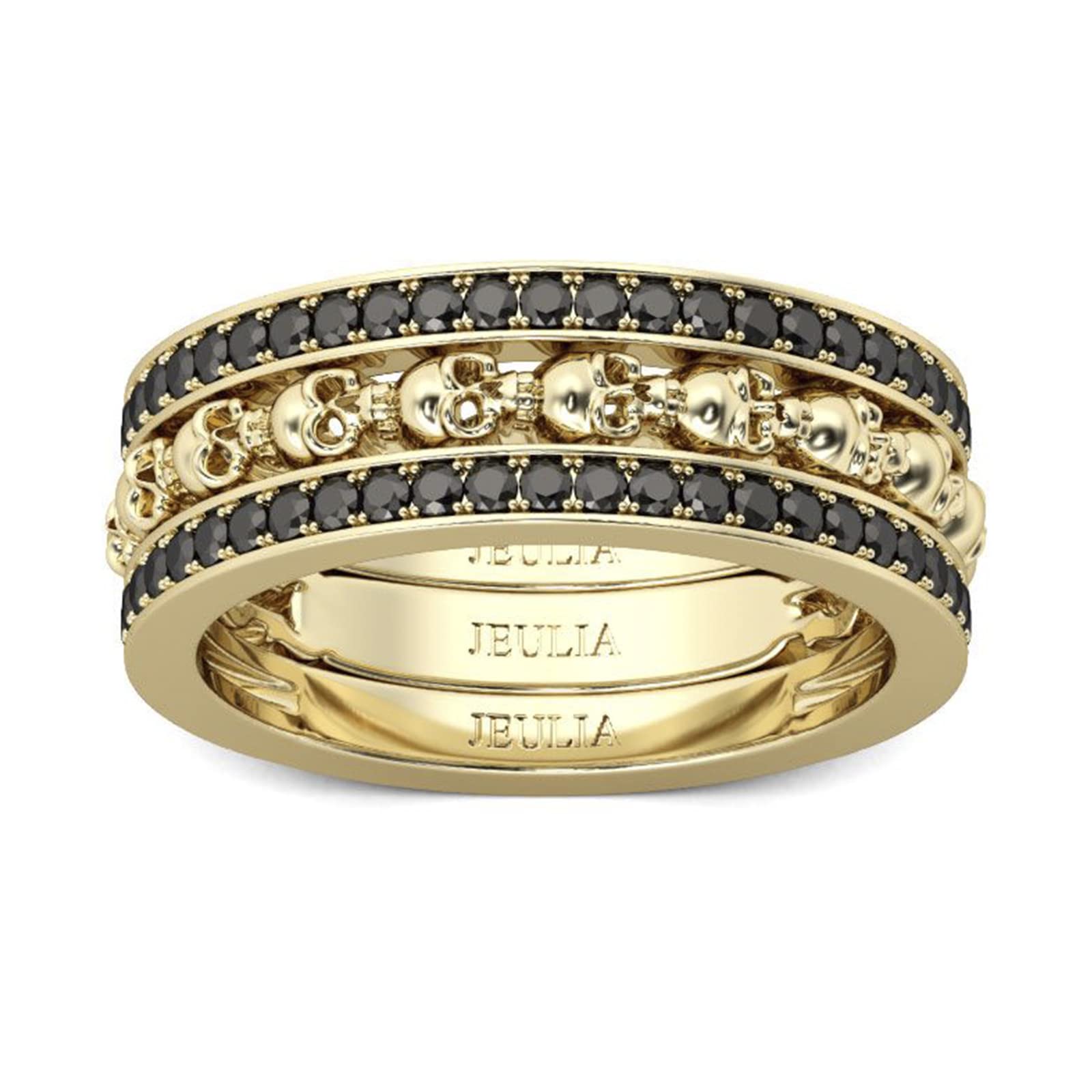 Jeulia 3PC Yellow Gold Tone Skull Band Ring Set for Women & Men - Sterling Silver Eternity Wedding Band with Round Cut Cubic Zirconia - Anniversary Promise Ring for Her, Bride - Jewelry Gift Box Included - Perfect for Valentine's Day, Engagement & Couple Gifts