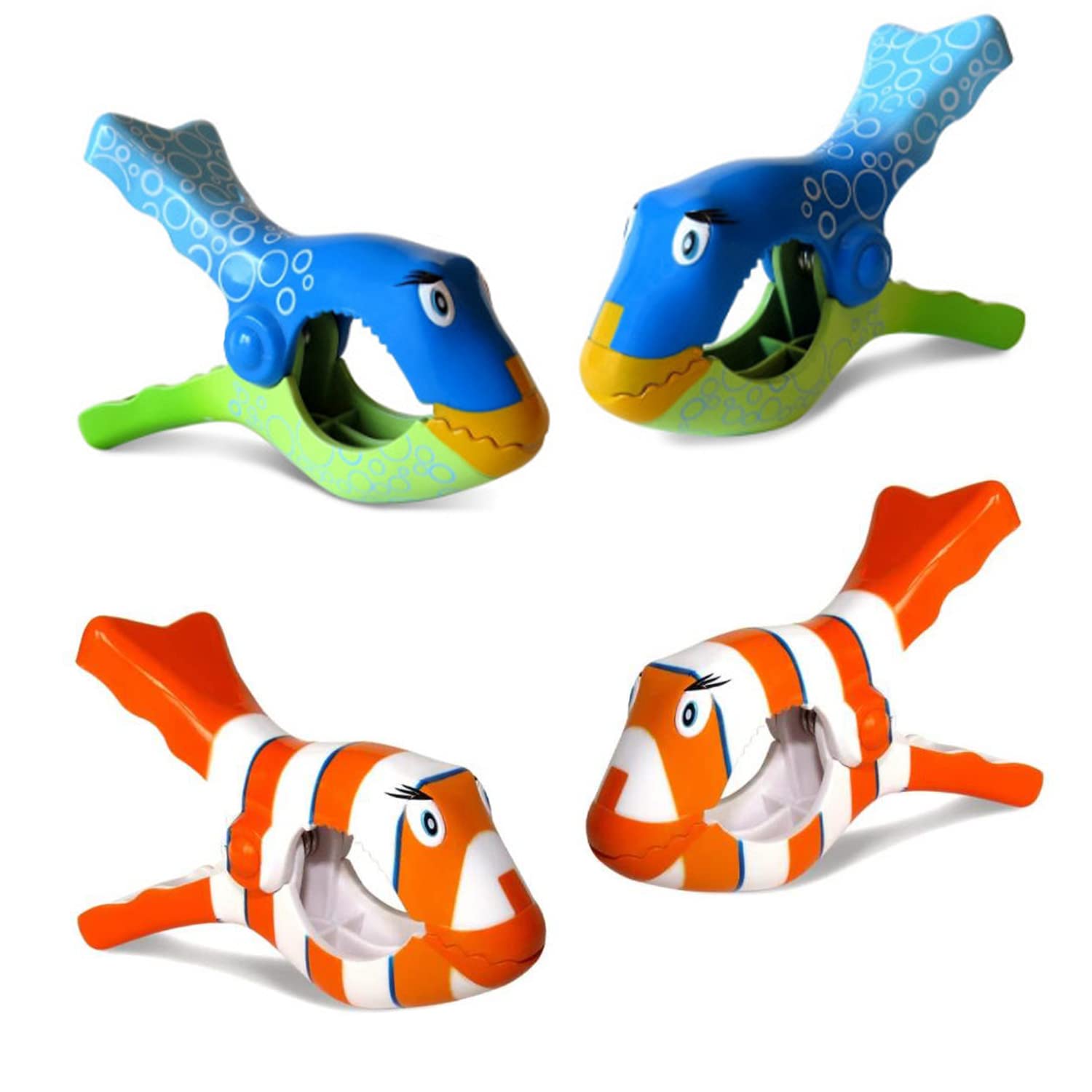 4PCS Creative Clownfish Beach Towel Clips - Blue & Orange Plastic Lounge Chair Clips for Pool, Beach Chairs & Loungers | Secure Towels in Windy Conditions | Perfect for Vacation, Swimming & Sunbathing