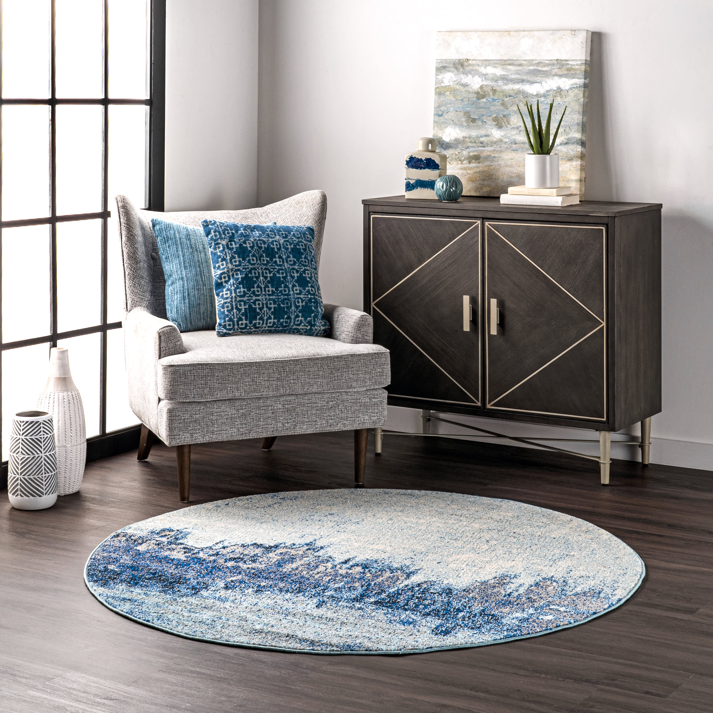Abstract Rainfall Area Rug - Blue Modern Boho Rug for Living Room, Bedroom, or Nursery - Soft Non-Slip Floor Mat for Home Decor
