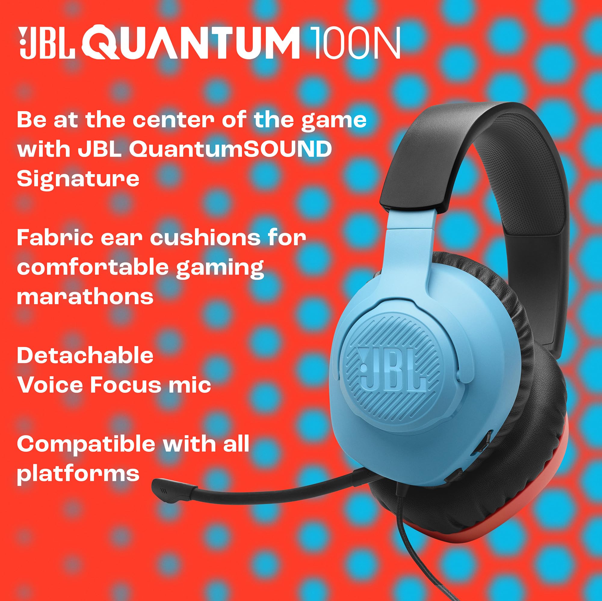 JBL Quantum 100N Wired Over-Ear Gaming Headset with Detachable Mic - QuantumSURROUND Sound, Comfortable Design, Cross-Platform Compatibility for PC, PS4, Xbox - Windows Sonic Spatial Audio (Red/Blue) - Perfect for Competitive Gaming & Immersive Entertainment