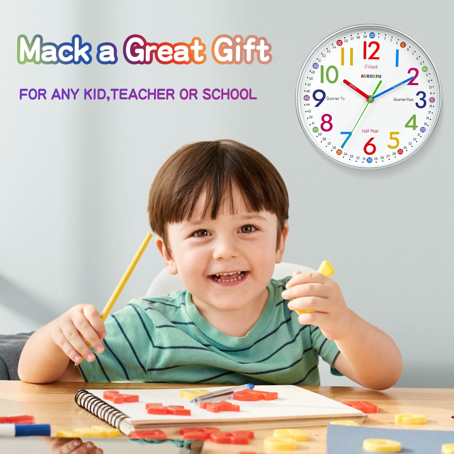 Educational Telling Time Teaching Clock for Kids - Silent Analog Learning Wall Clock for Bedrooms, Classrooms & Playrooms - Perfect for Teaching Time, Room Decor & Child Development