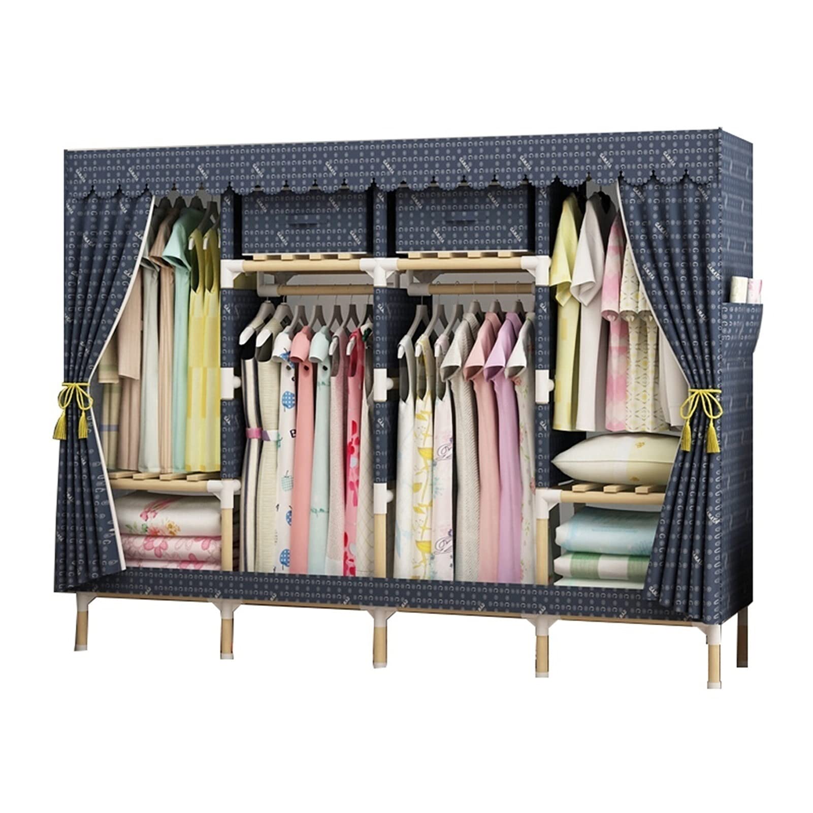 LICHUAN Portable Folding Wardrobe - Solid Wood Hanging Clothes Organizer with Double Doors, Space Saving Storage Cabinet for Bedroom, Closet & Dorm (Blue) | Perfect for Small Spaces, Apartments & Travel Use