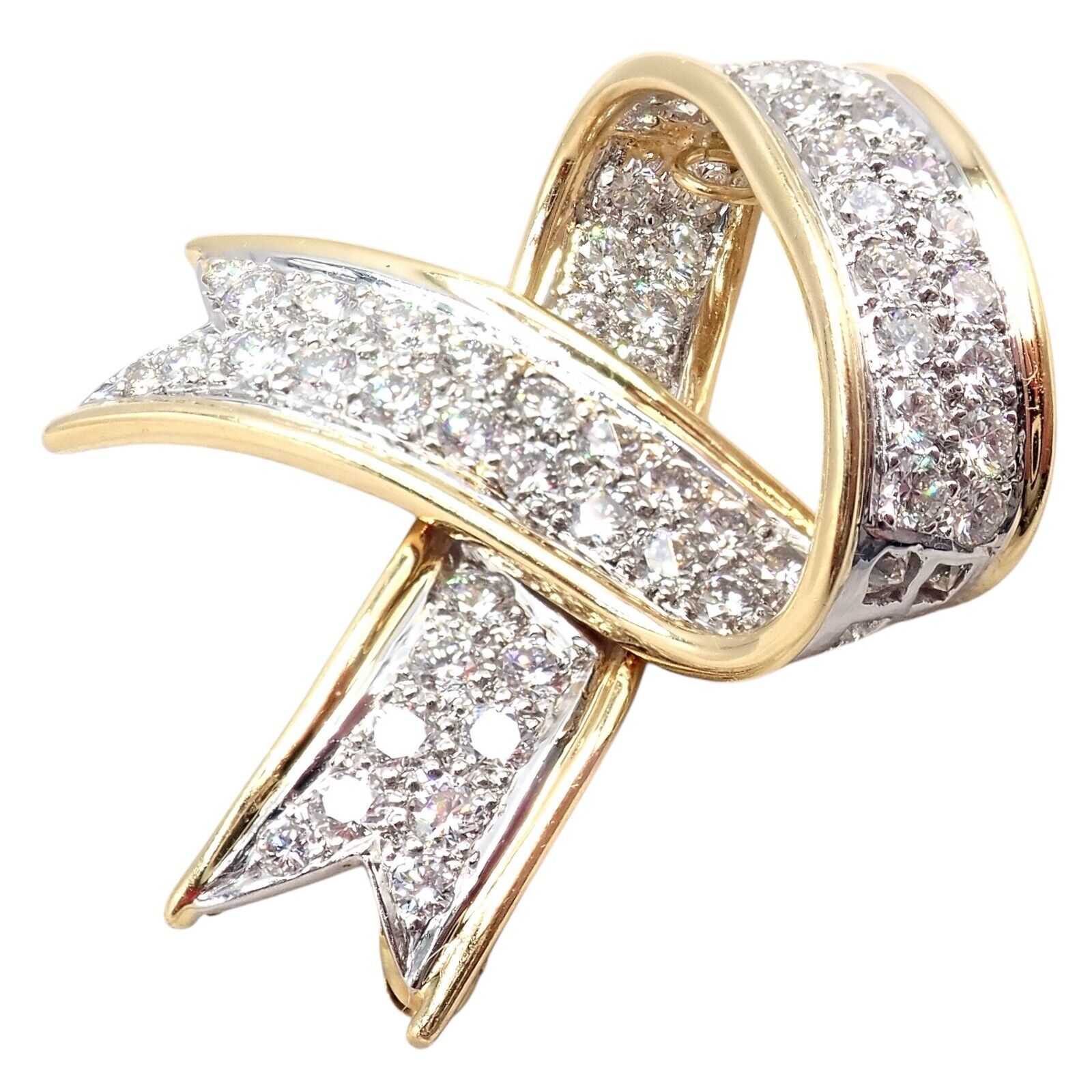 Vintage Tiffany & Co 18k Yellow Gold Platinum Diamond Ribbon Bow Pin Brooch - Elegant Jewelry for Women, Perfect for Weddings, Parties & Special Occasions