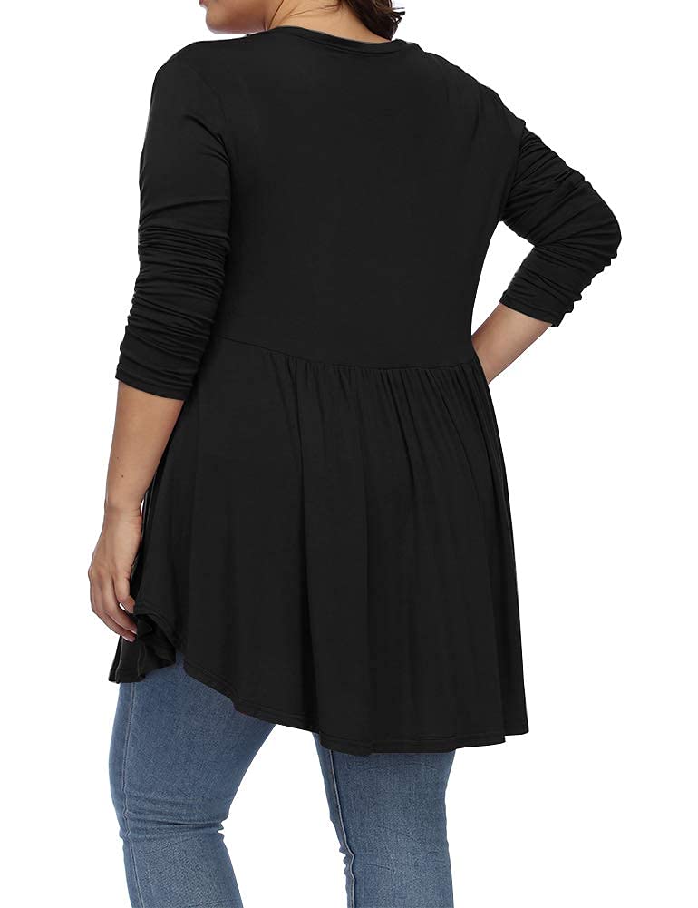 ALLEGRACE Women's Plus Size Henley V-Neck Button Tunic Top - Long Sleeve Flowy Swing Shirt for Casual Wear & Office Outfits