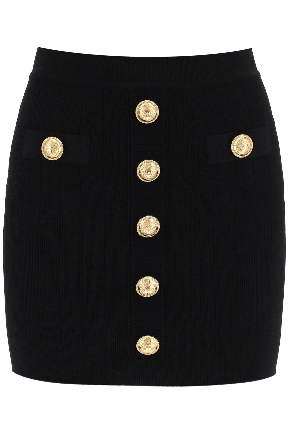 Balmain Women's Knit Mini Skirt with Embossed Buttons | Stretch Wool Blend | High Waist Pleated Skirt for Party, Night Out & Office Wear