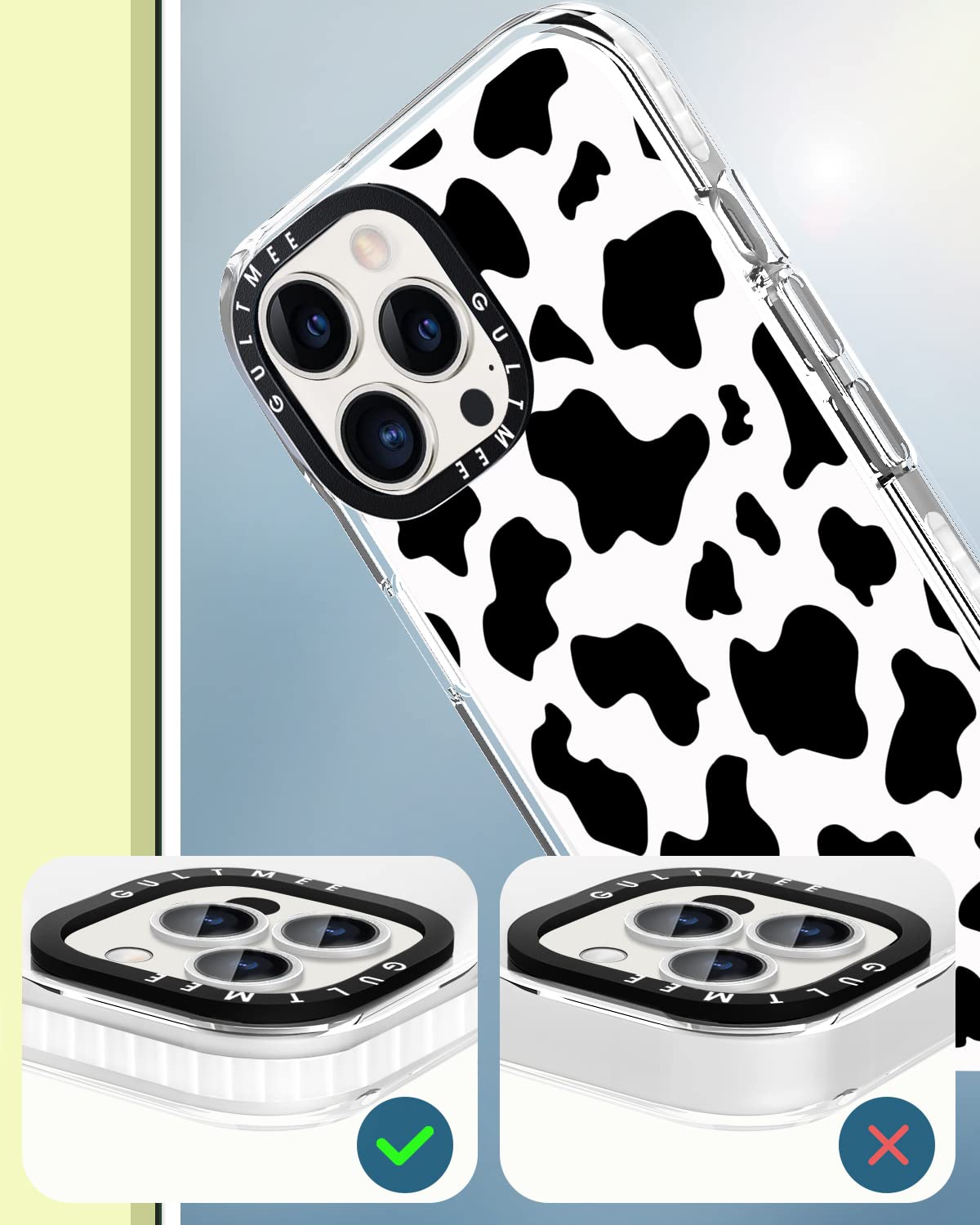 3 in 1 Cute Cow Print Shockproof iPhone 14 Pro Case with Built-in Bumper, Tempered Glass Screen Protector & Camera Lens Cover - 6.1