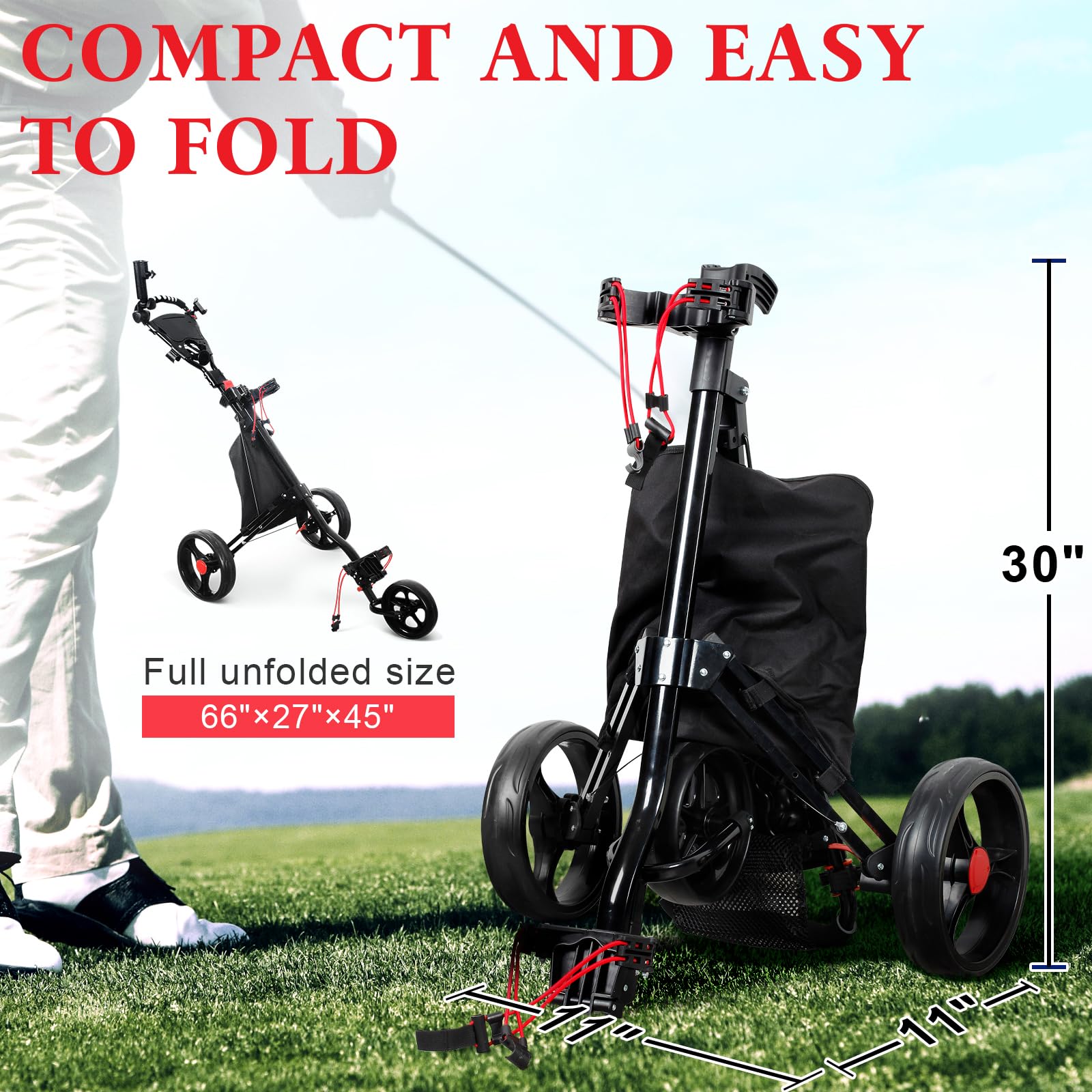 Best 3-Wheel Golf Push Pull Cart - Foldable & Lightweight with Foot Brake & Adjustable Umbrella Holder - Easy Fold/Open Design - Perfect for Golf Courses & Outdoor Sports