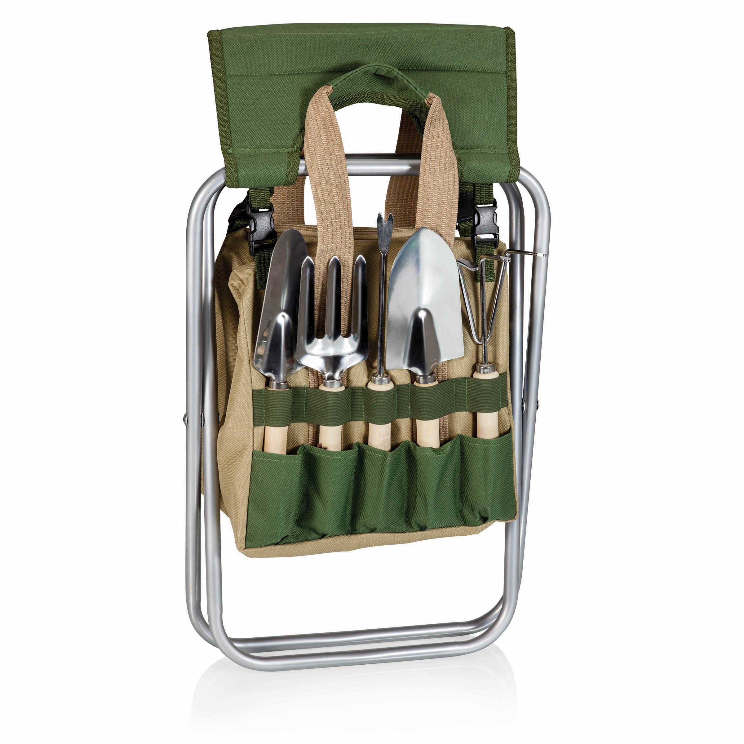 ONIVA - Picnic Time Brand Gardener Folding Seat with Tools | Portable Garden Stool with Detachable Storage Tote Bag | Garden Tools Set Organizer | Olive Green & Beige | Perfect for Outdoor Gardening, Picnics & Camping